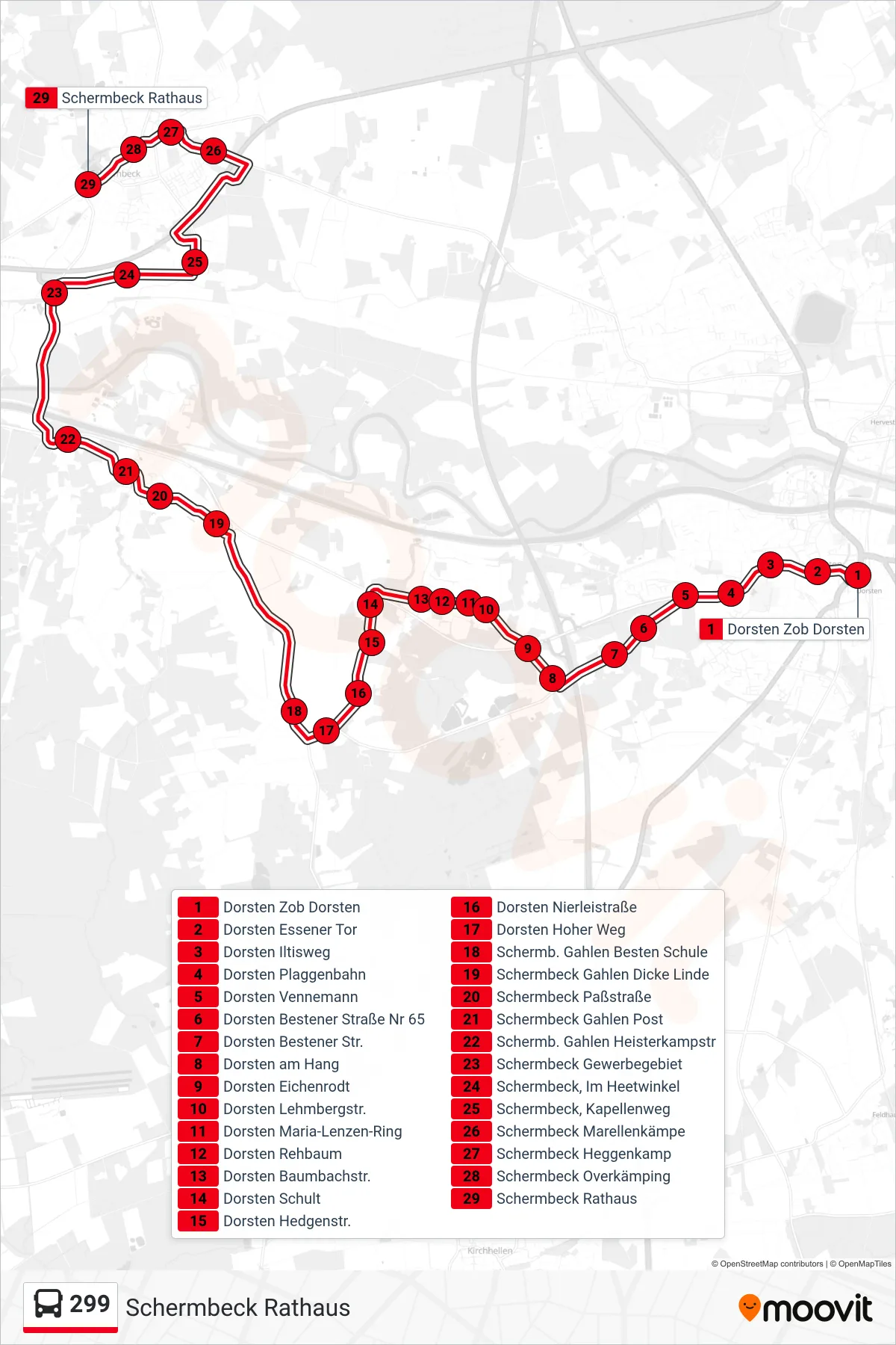 Linie 299 (Bus) Richtung Schermbeck Rathaus: Route und Haltestellen auf der Karte