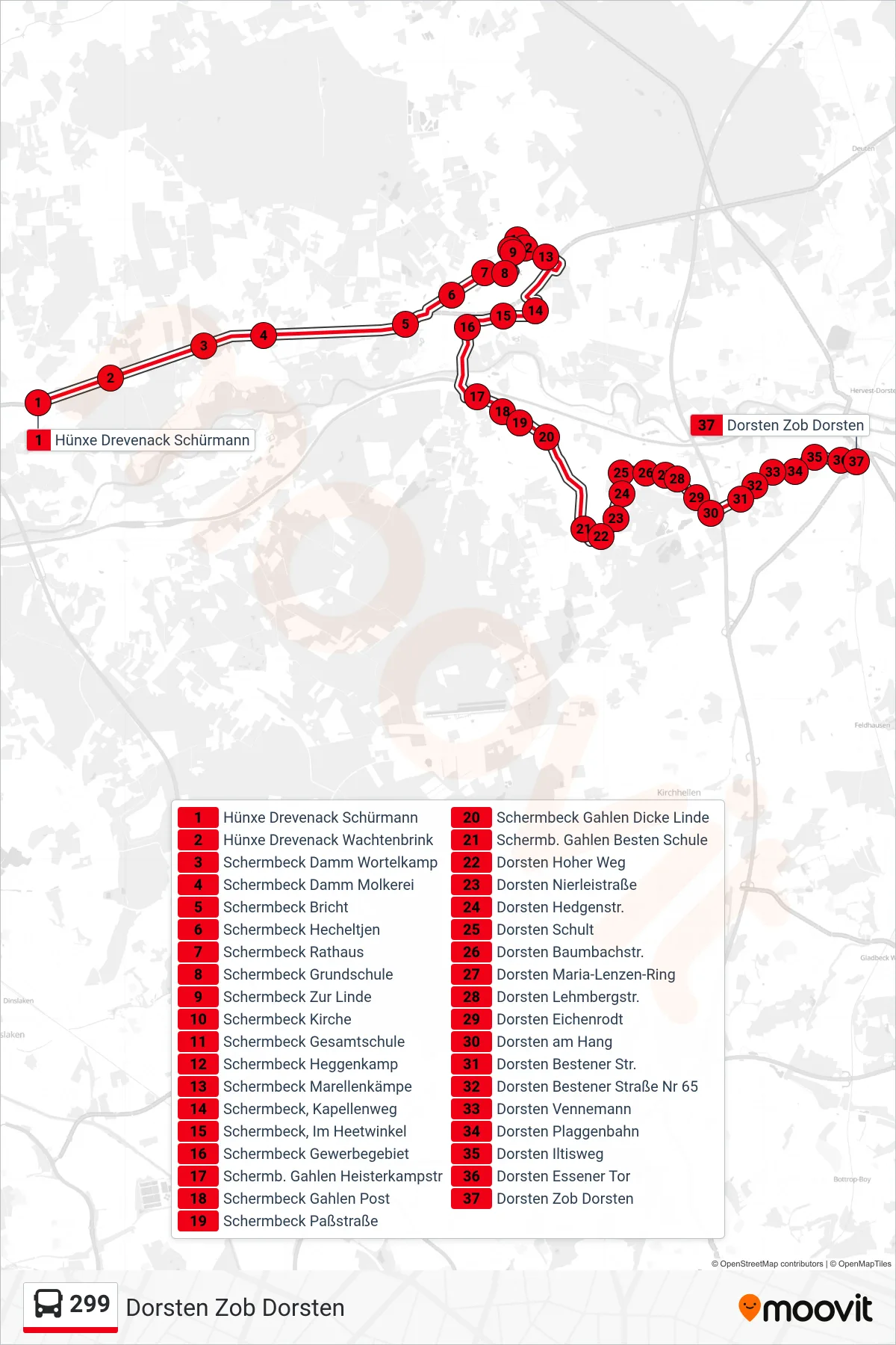 299 bus Line (Dorsten Zob Dorsten) route and stops on a map