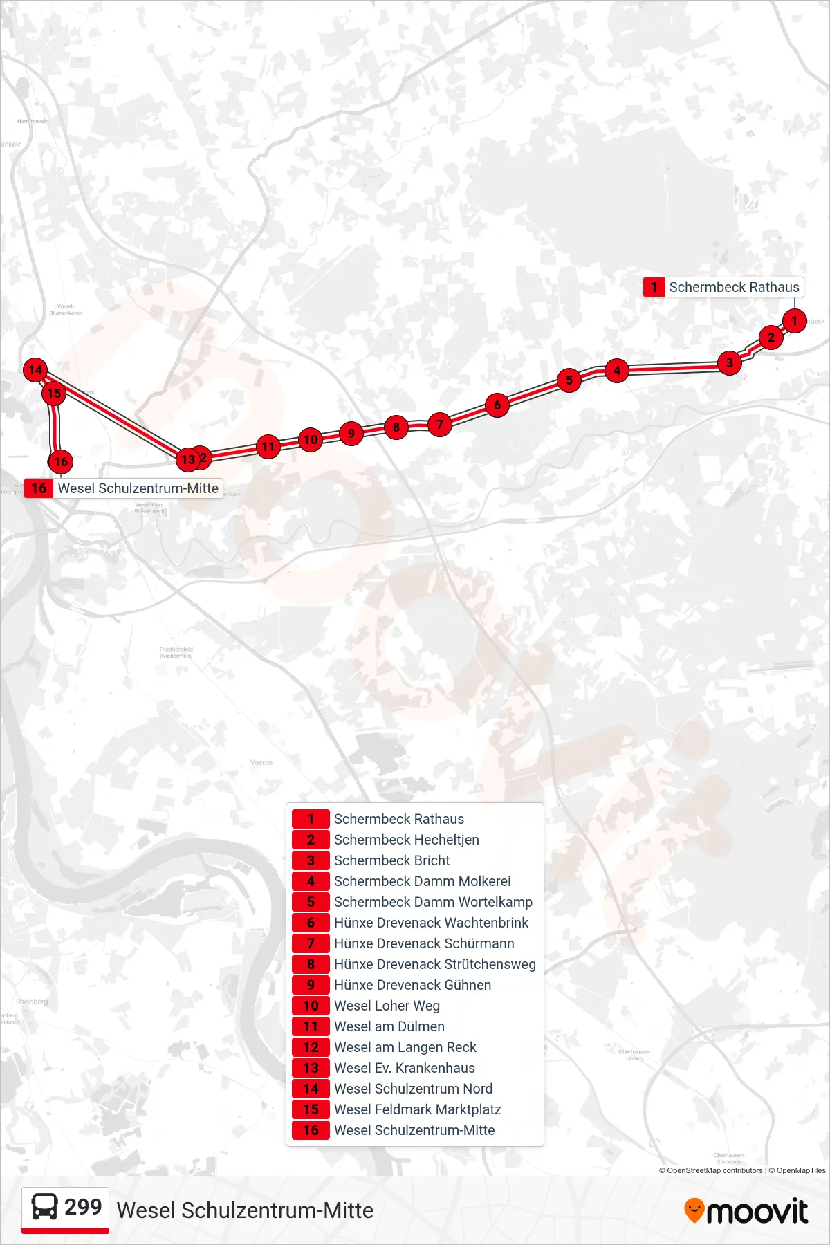 299 bus Line (Wesel Schulzentrum-Mitte) route and stops on a map