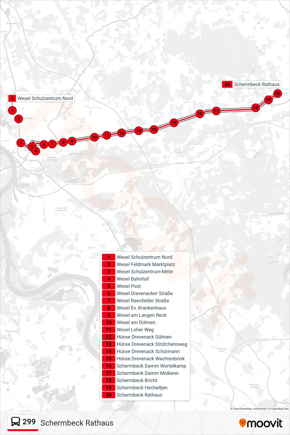 299 bus Line (Schermbeck Rathaus) route and stops on a map