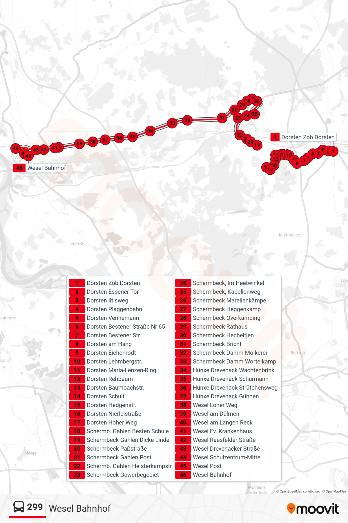 299 bus Line (Wesel Bahnhof) route and stops on a map
