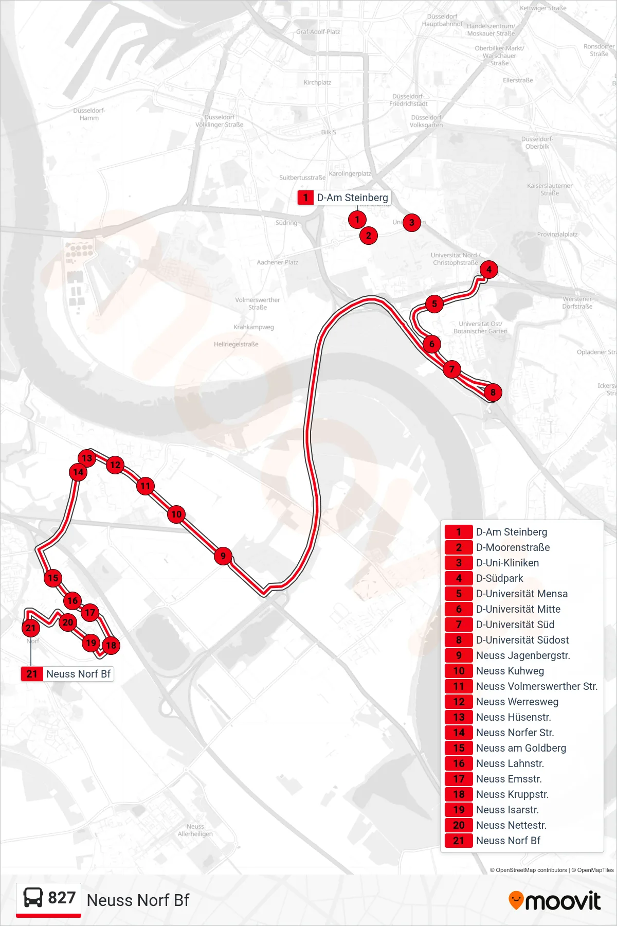 827 bus Line (Neuss Norf Bf) route and stops on a map