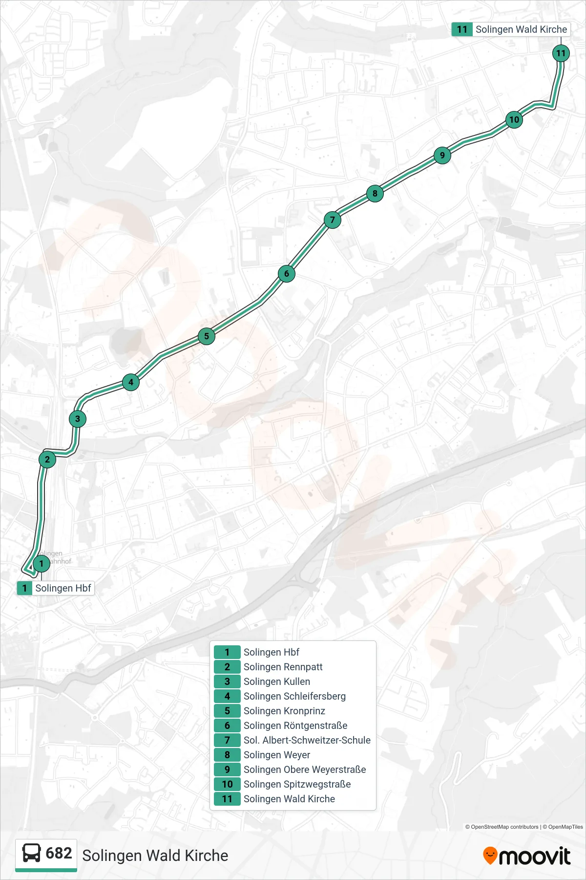 682 bus Line (Solingen Wald Kirche) route and stops on a map