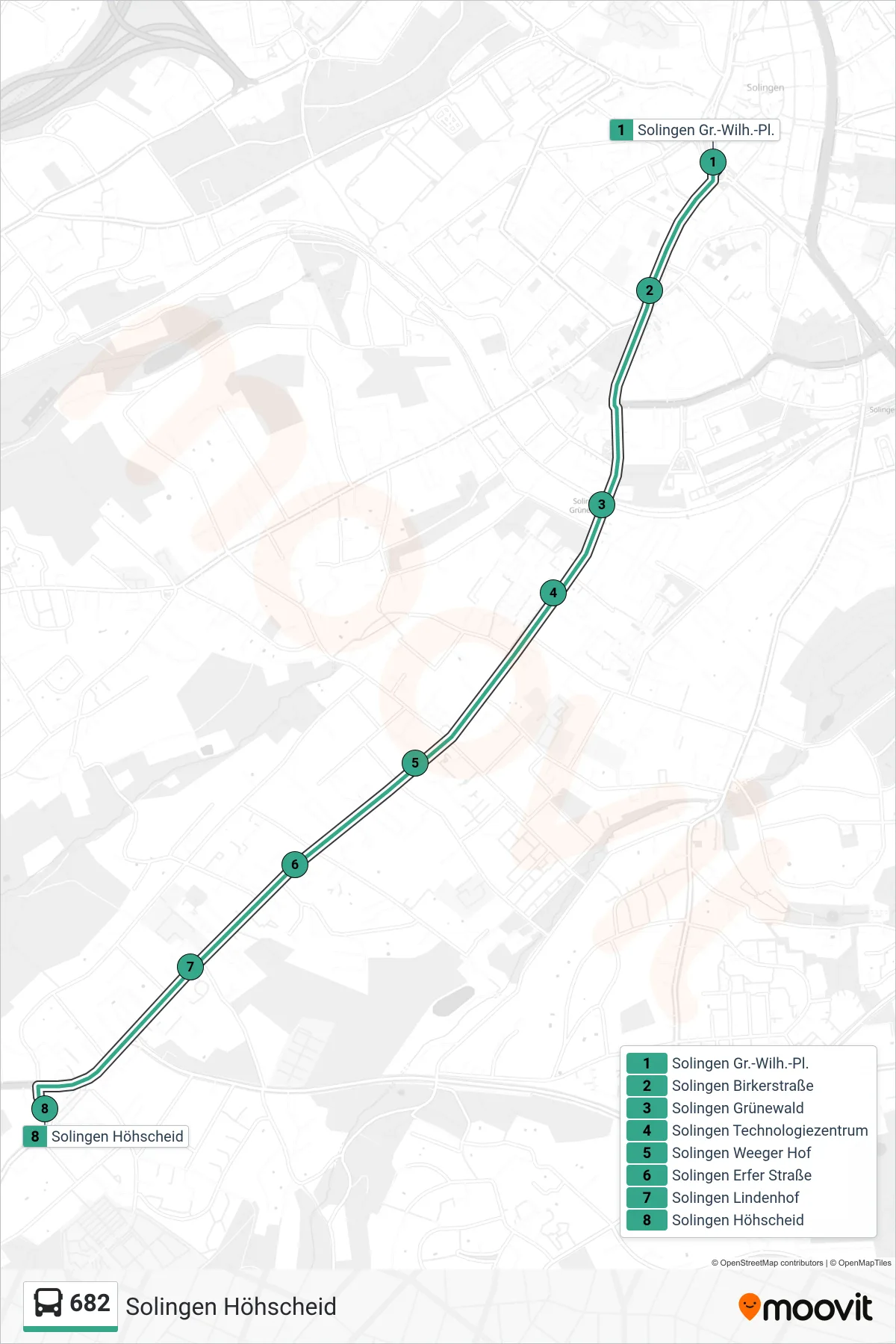 682 bus Line (Solingen Höhscheid) route and stops on a map