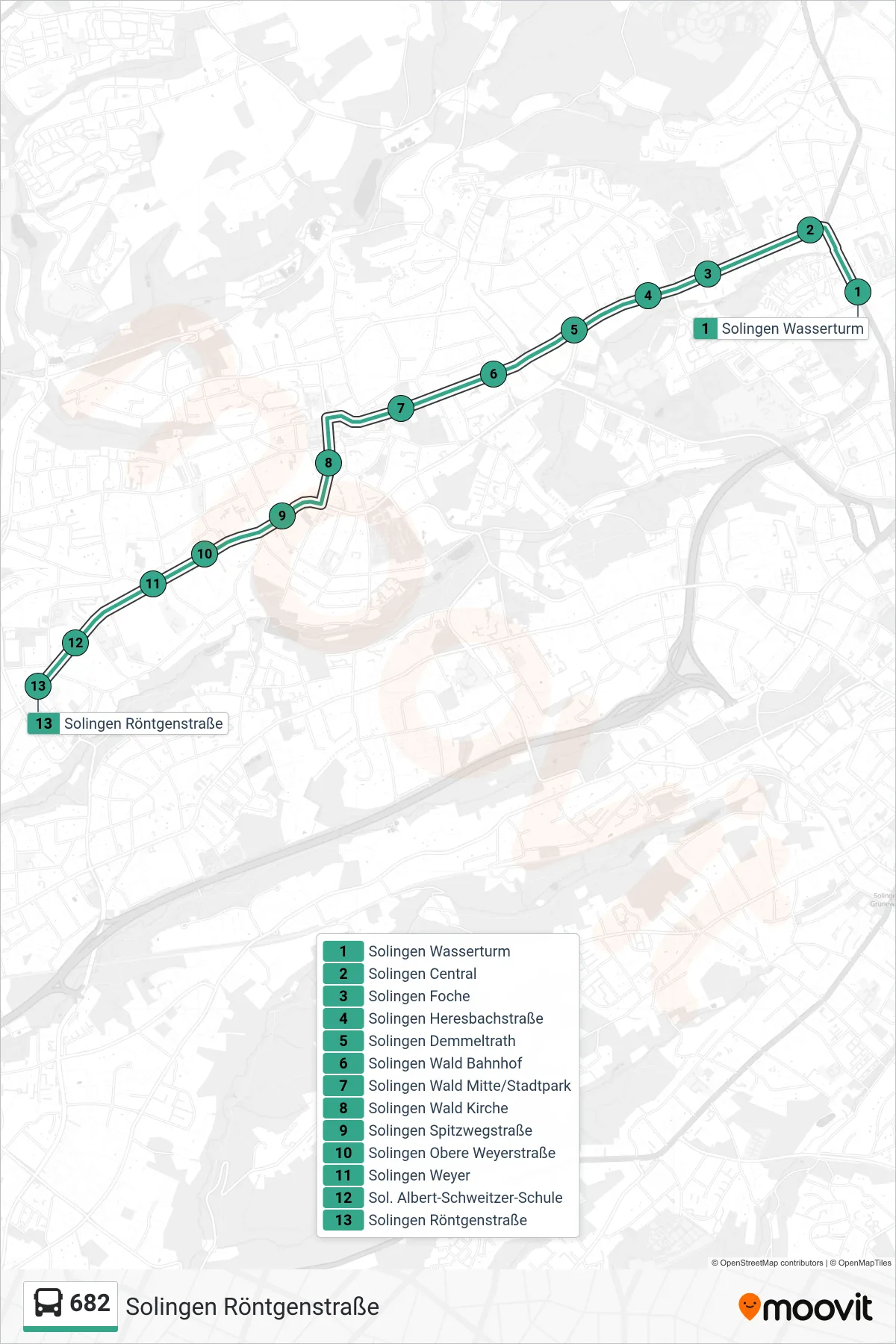 682 bus Line (Solingen Röntgenstraße) route and stops on a map