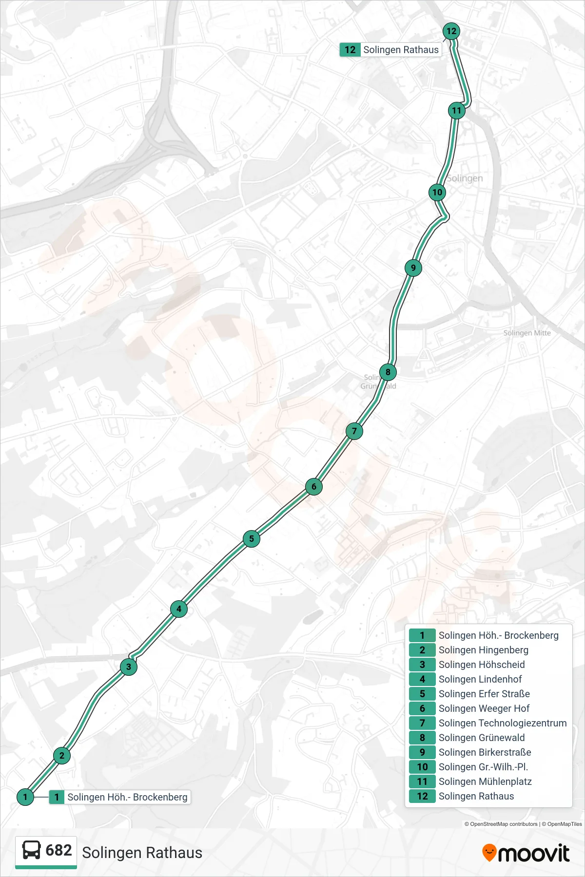 682 bus Line (Solingen Rathaus) route and stops on a map