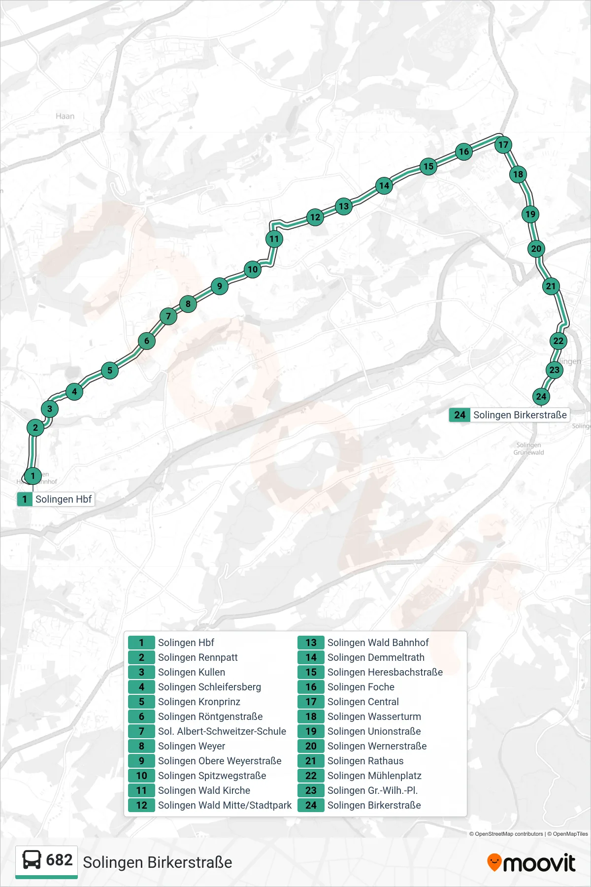 682 bus Line (Solingen Birkerstraße) route and stops on a map