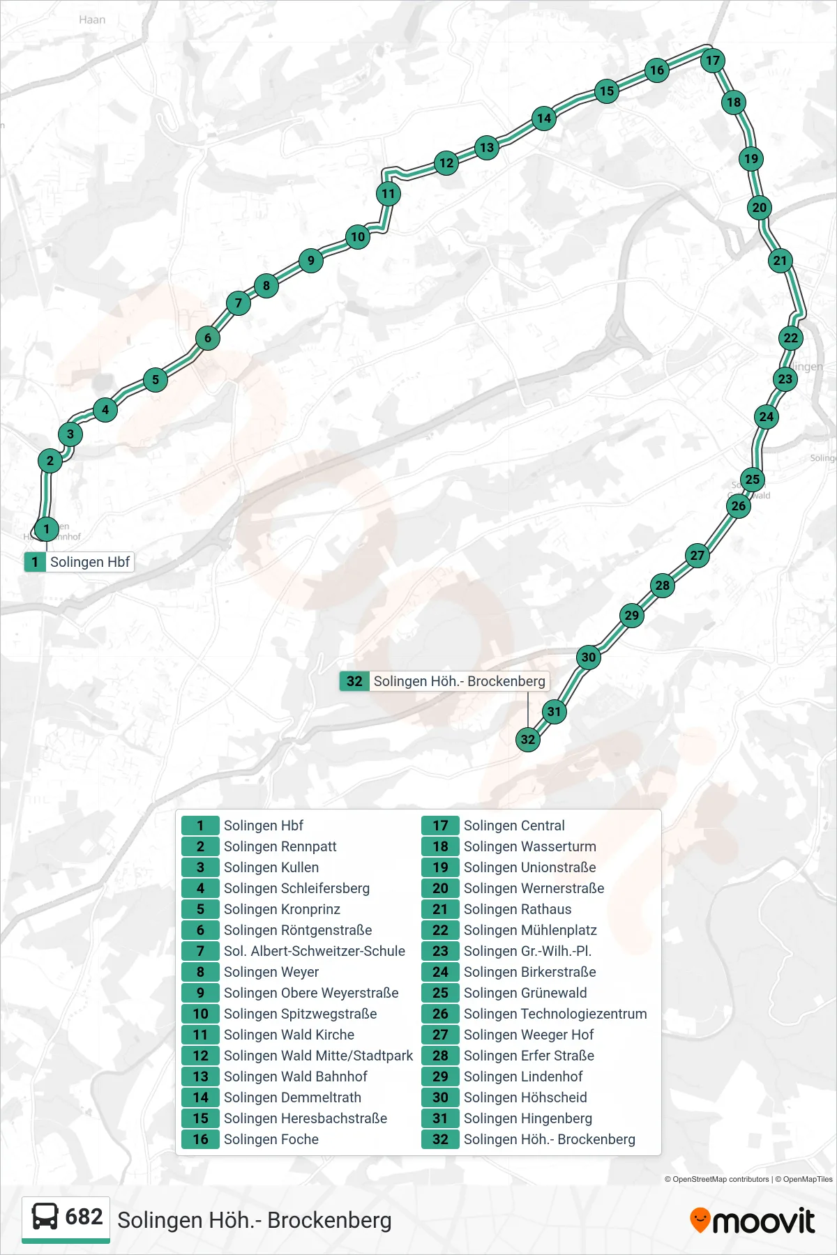 682 bus Line (Solingen Höh.- Brockenberg) route and stops on a map