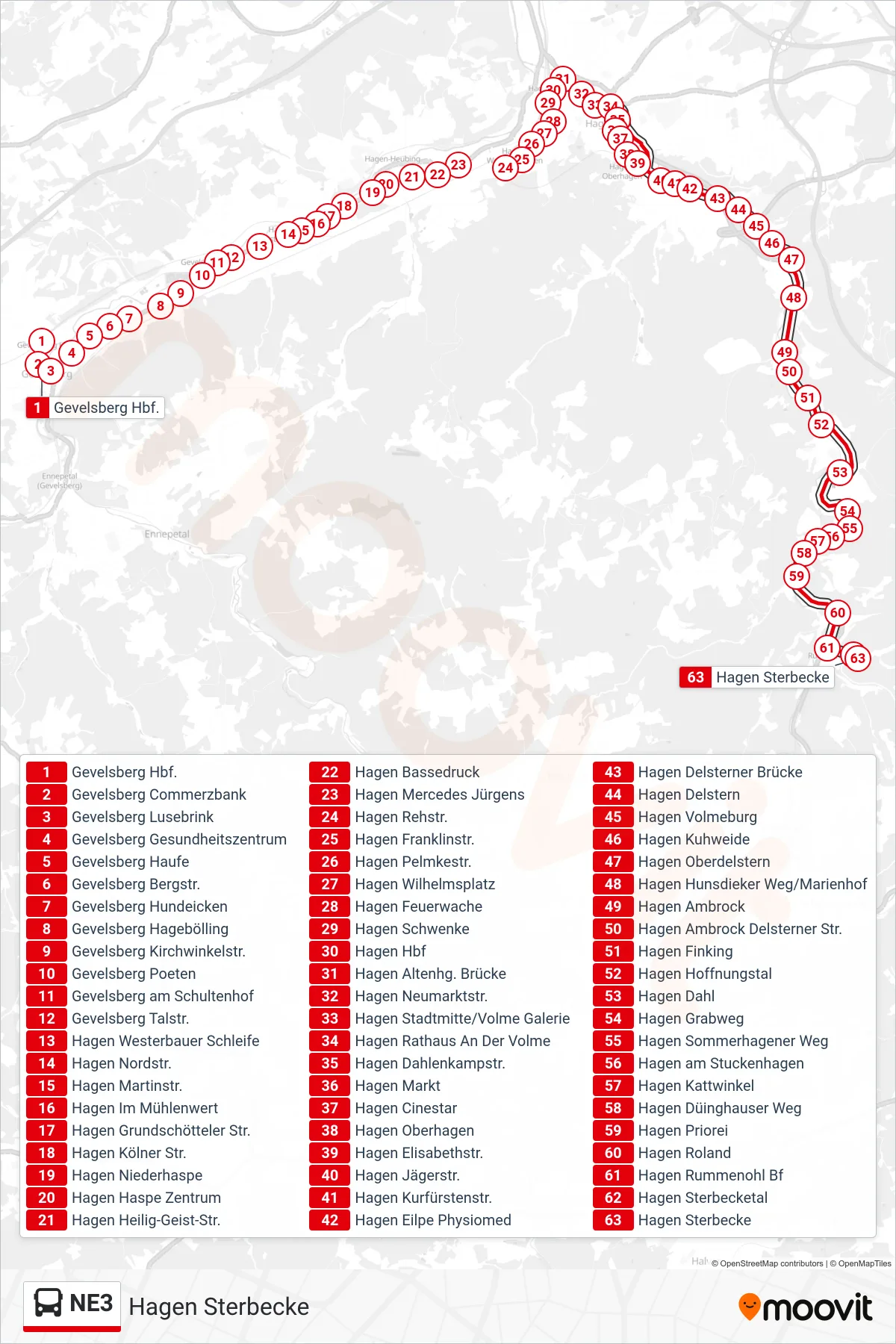 NE3 bus Line (Hagen Sterbecke) route and stops on a map
