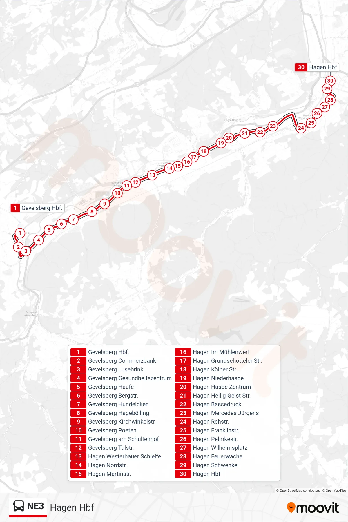 Linie NE3 (Bus) Richtung Hagen Hbf: Route und Haltestellen auf der Karte