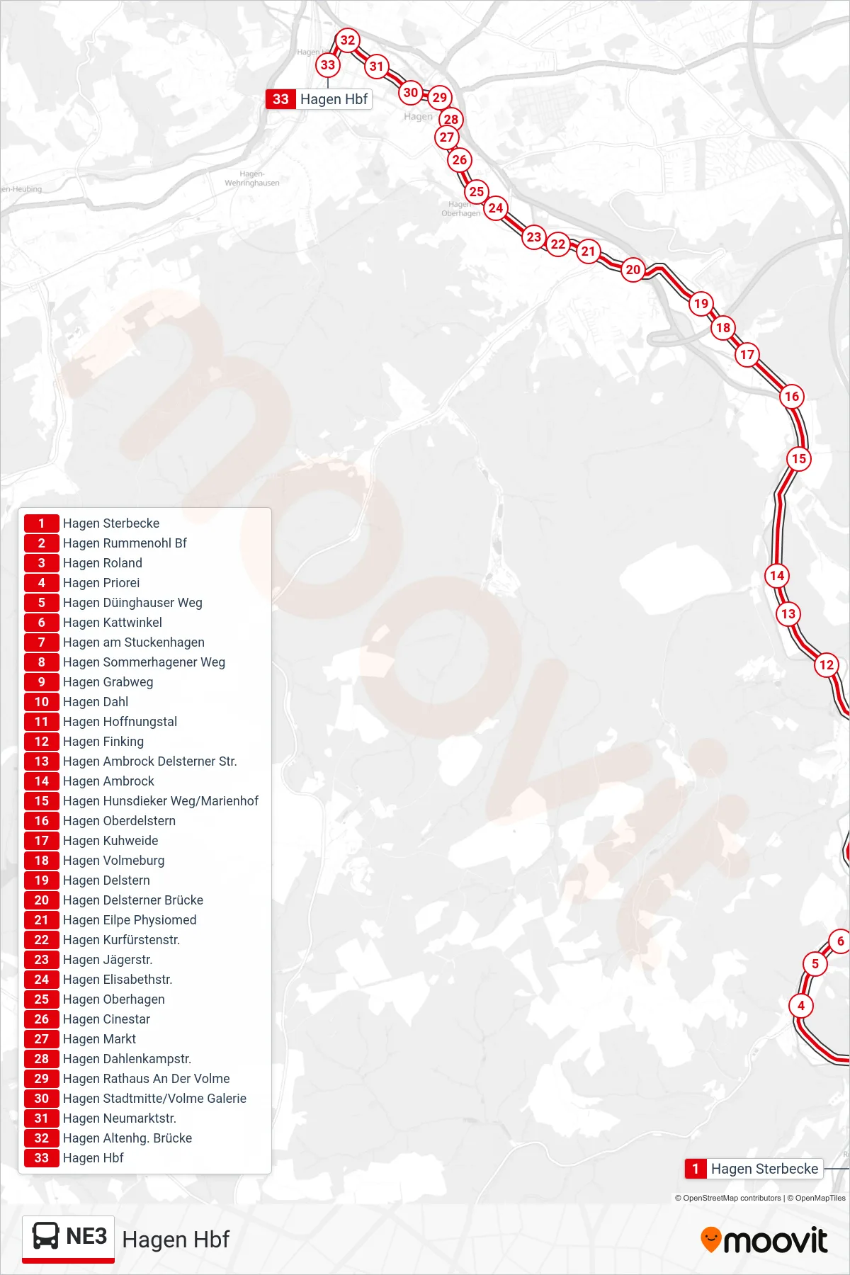 NE3 bus Line (Hagen Hbf) route and stops on a map