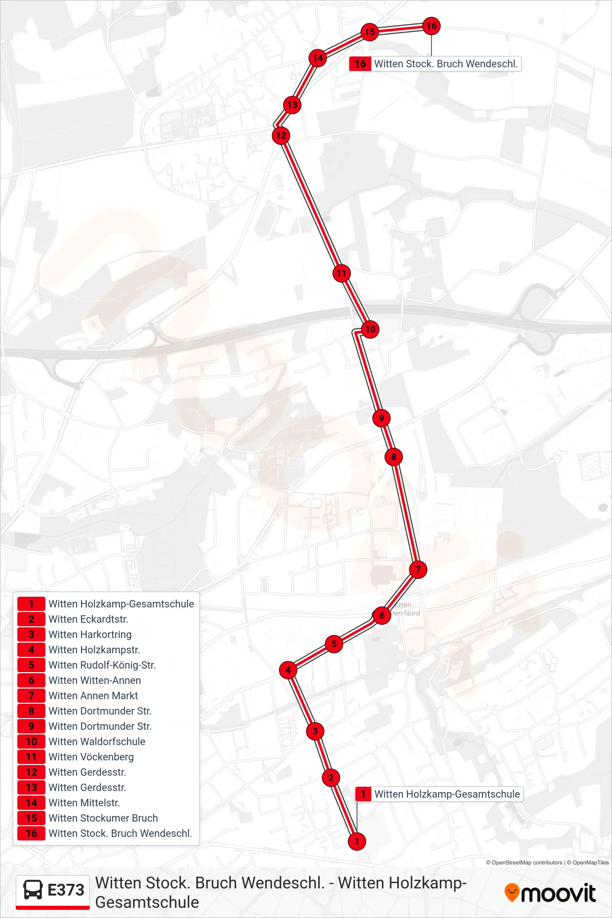 Linie E373 (Bus) Richtung Witten Stock. Bruch Wendeschl.: Route und Haltestellen auf der Karte