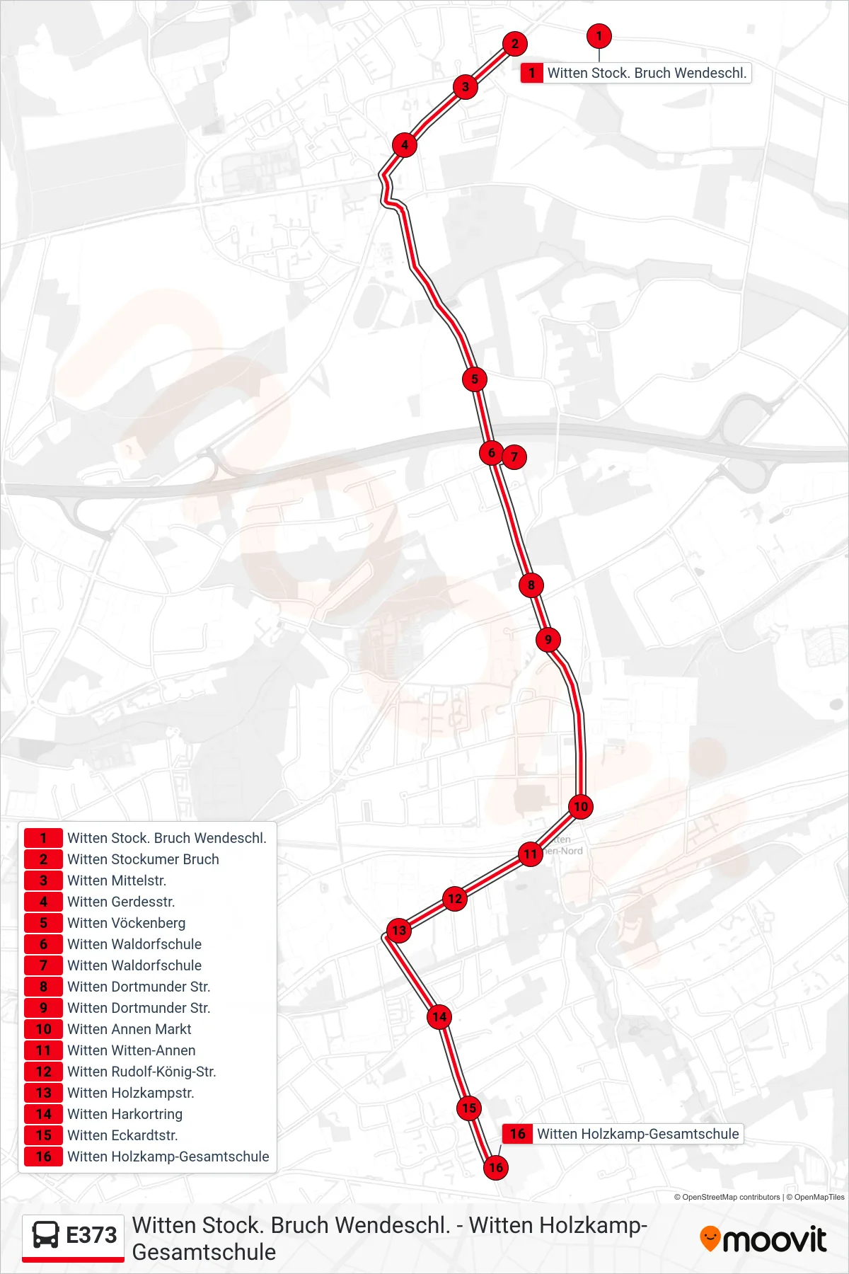 Linie E373 (Bus) Richtung Witten Holzkamp-Gesamtschule: Route und Haltestellen auf der Karte