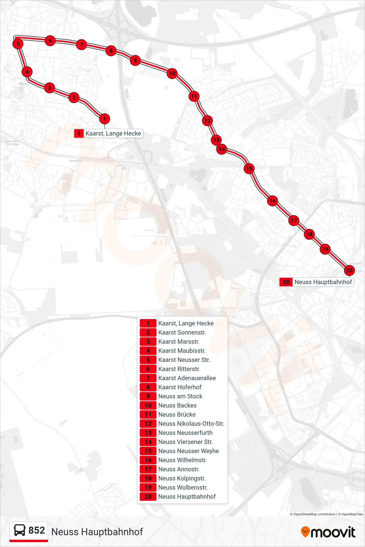 Linie 852 (Bus) Richtung Neuss Hauptbahnhof: Route und Haltestellen auf der Karte
