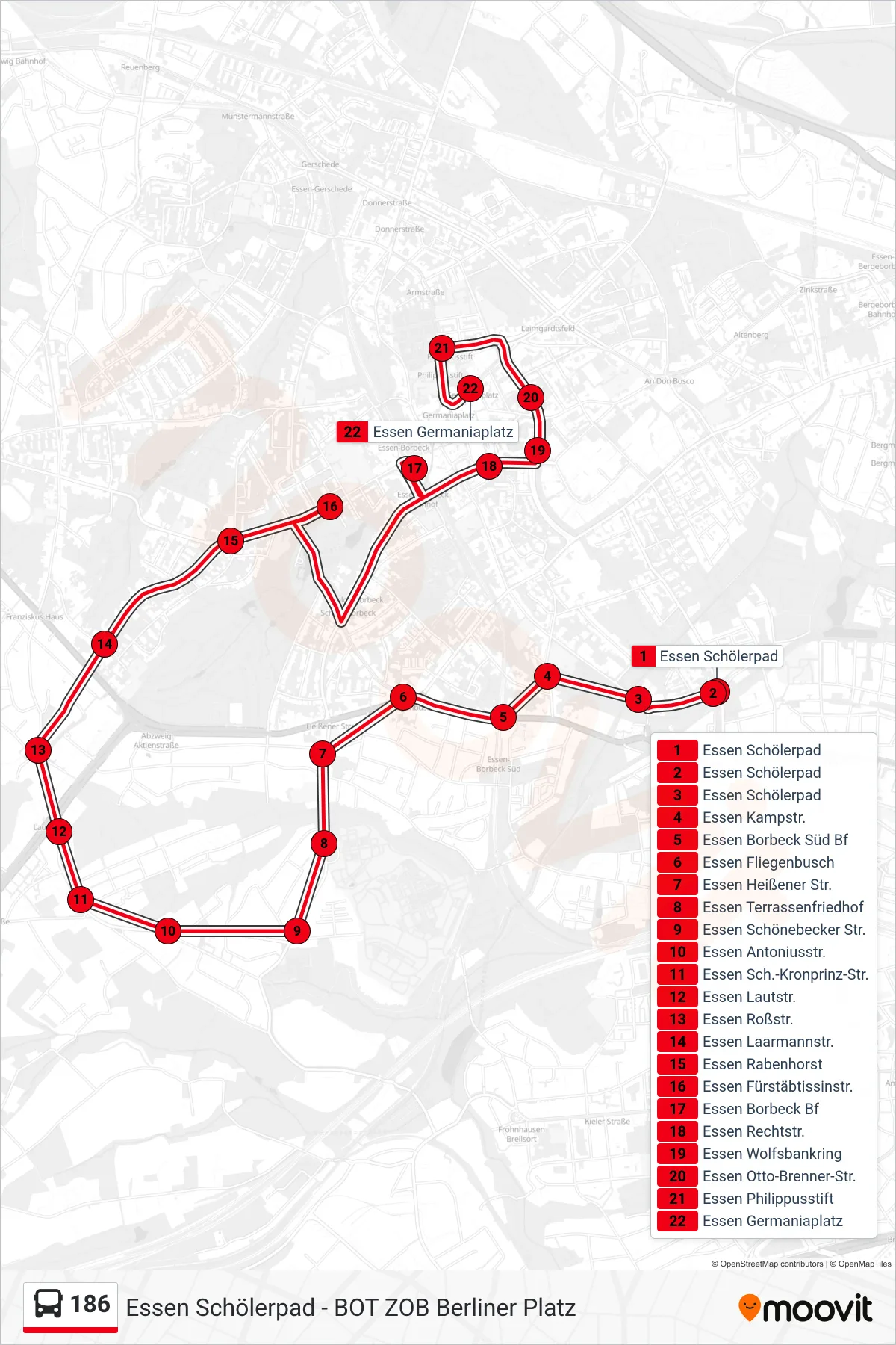 Linie 186 (Bus) Richtung Essen Germaniaplatz: Route und Haltestellen auf der Karte