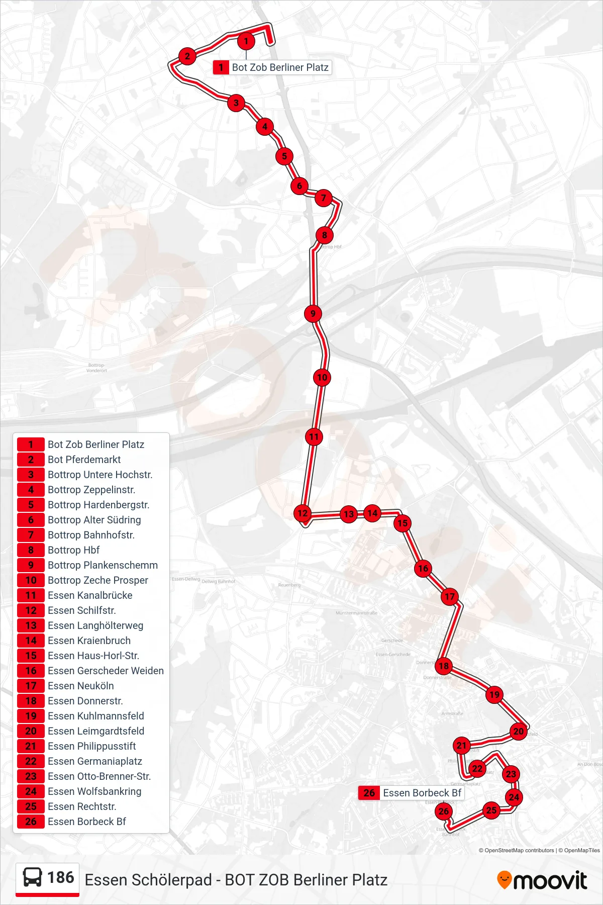 186 bus Line (Essen Borbeck Bf) route and stops on a map