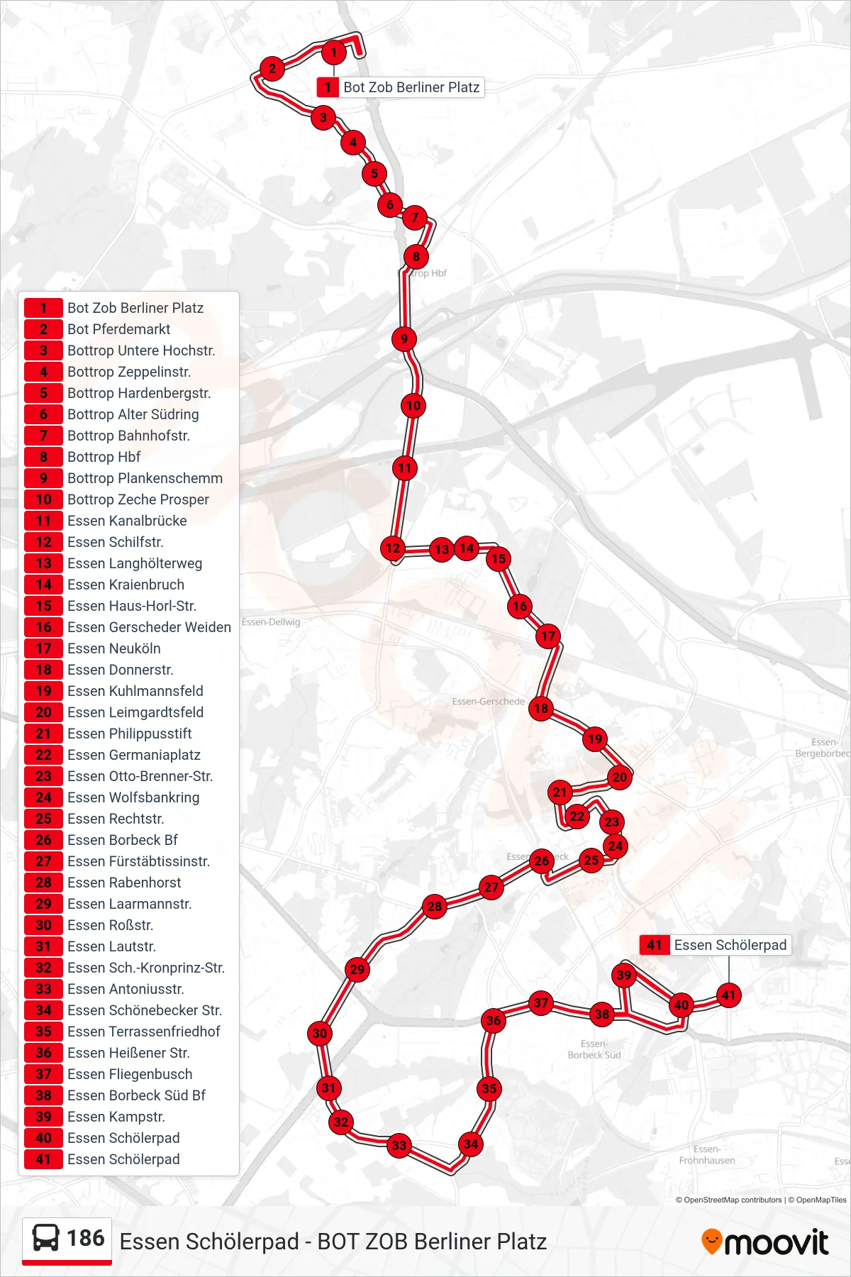 186 bus Line (Essen Schölerpad) route and stops on a map