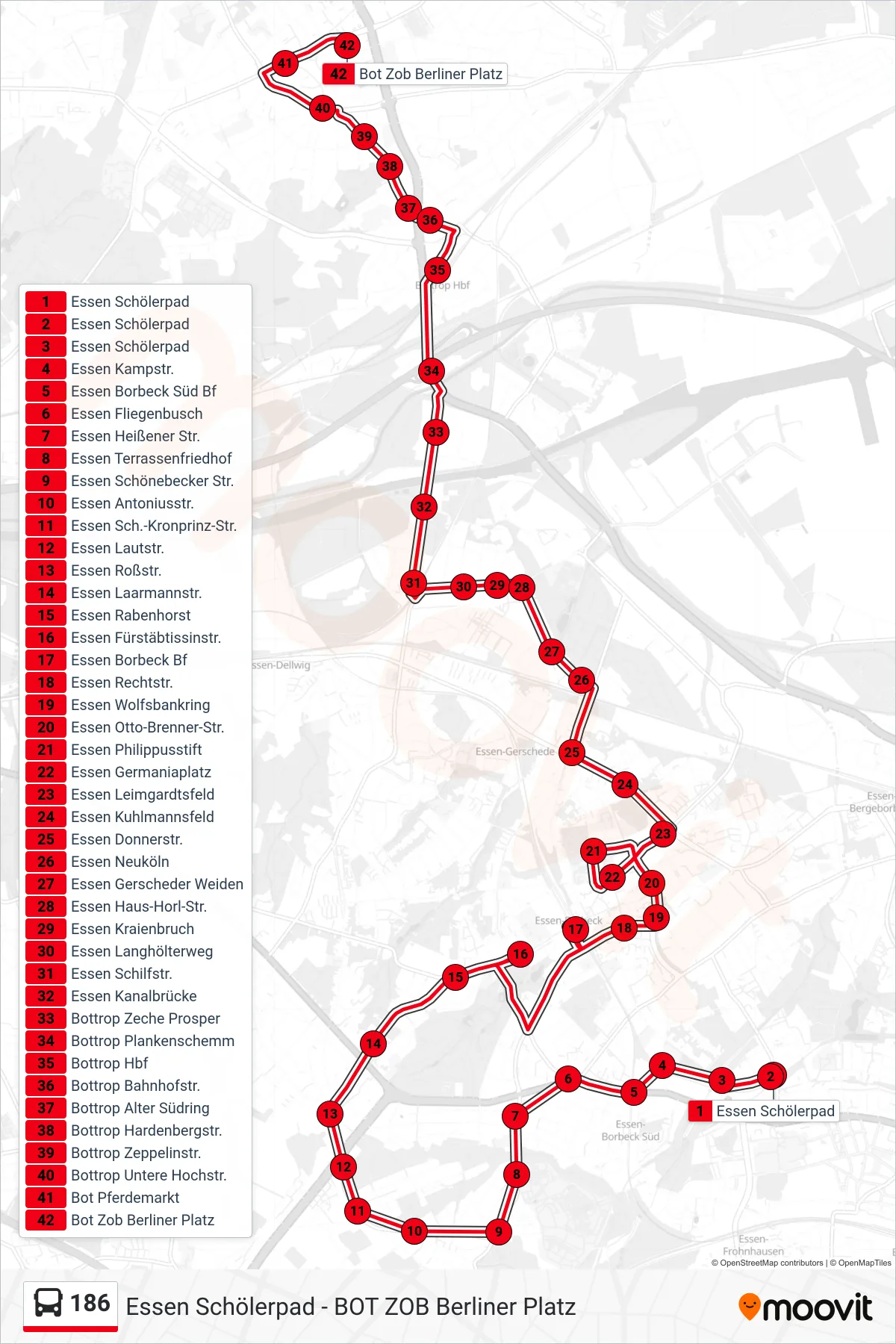 186 bus Line (Bot Zob Berliner Platz) route and stops on a map