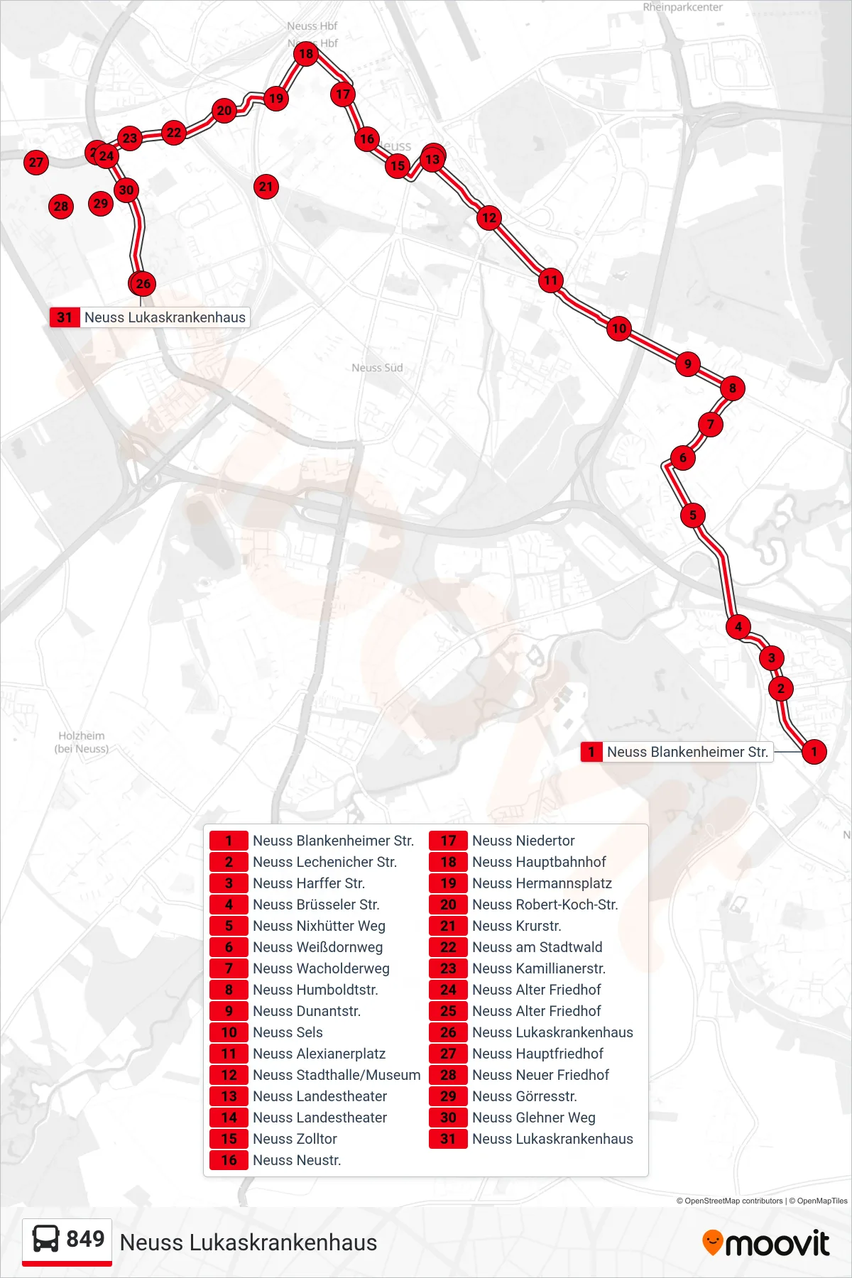 849 bus Line (Neuss Lukaskrankenhaus) route and stops on a map