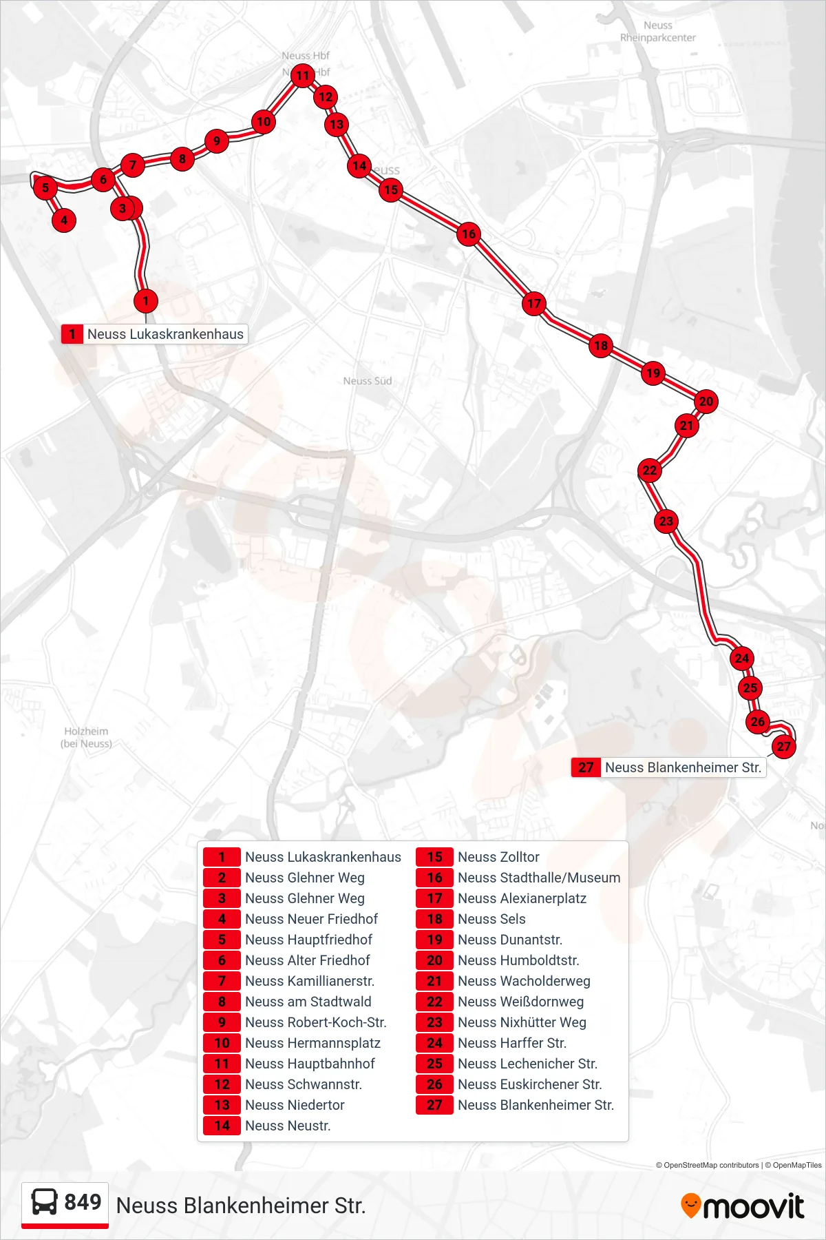 849 bus Line (Neuss Blankenheimer Str.) route and stops on a map