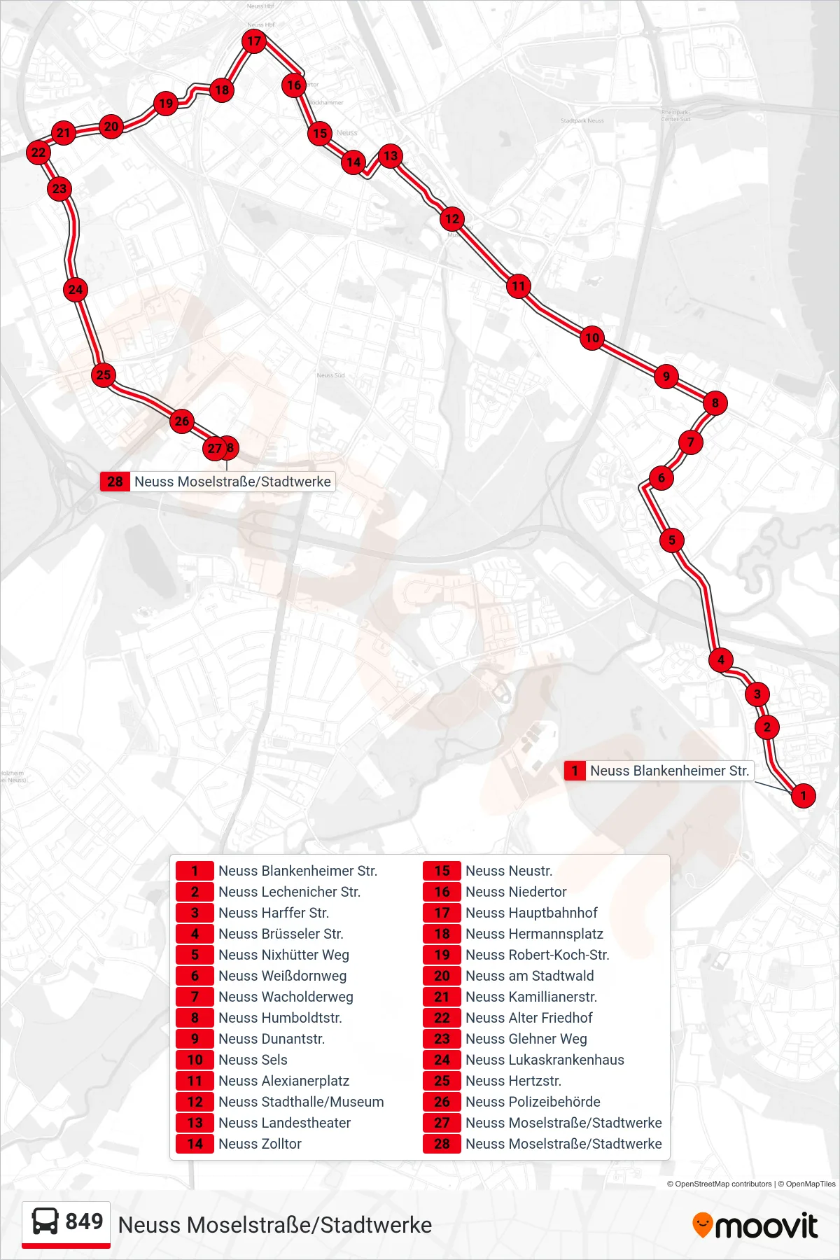 Linie 849 (Bus) Richtung Neuss Moselstraße/Stadtwerke: Route und Haltestellen auf der Karte