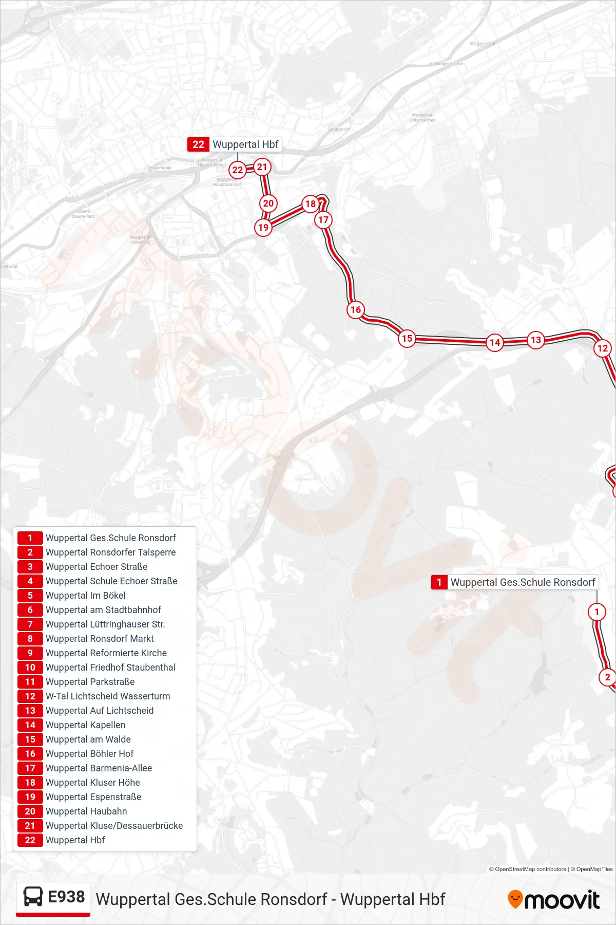 Linie E938 (Bus) Richtung Wuppertal Hbf: Route und Haltestellen auf der Karte