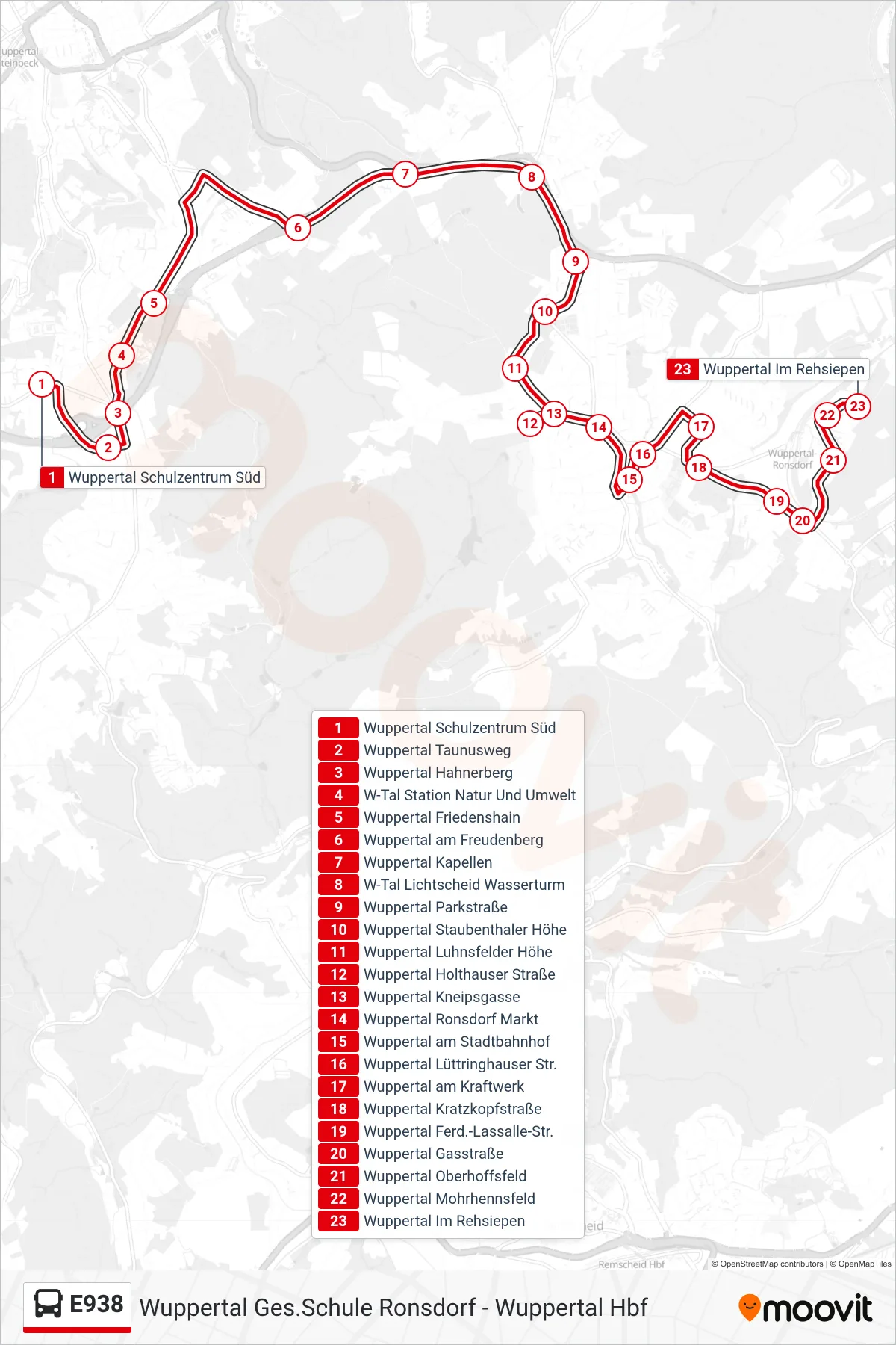 E938 bus Line (Wuppertal Im Rehsiepen) route and stops on a map