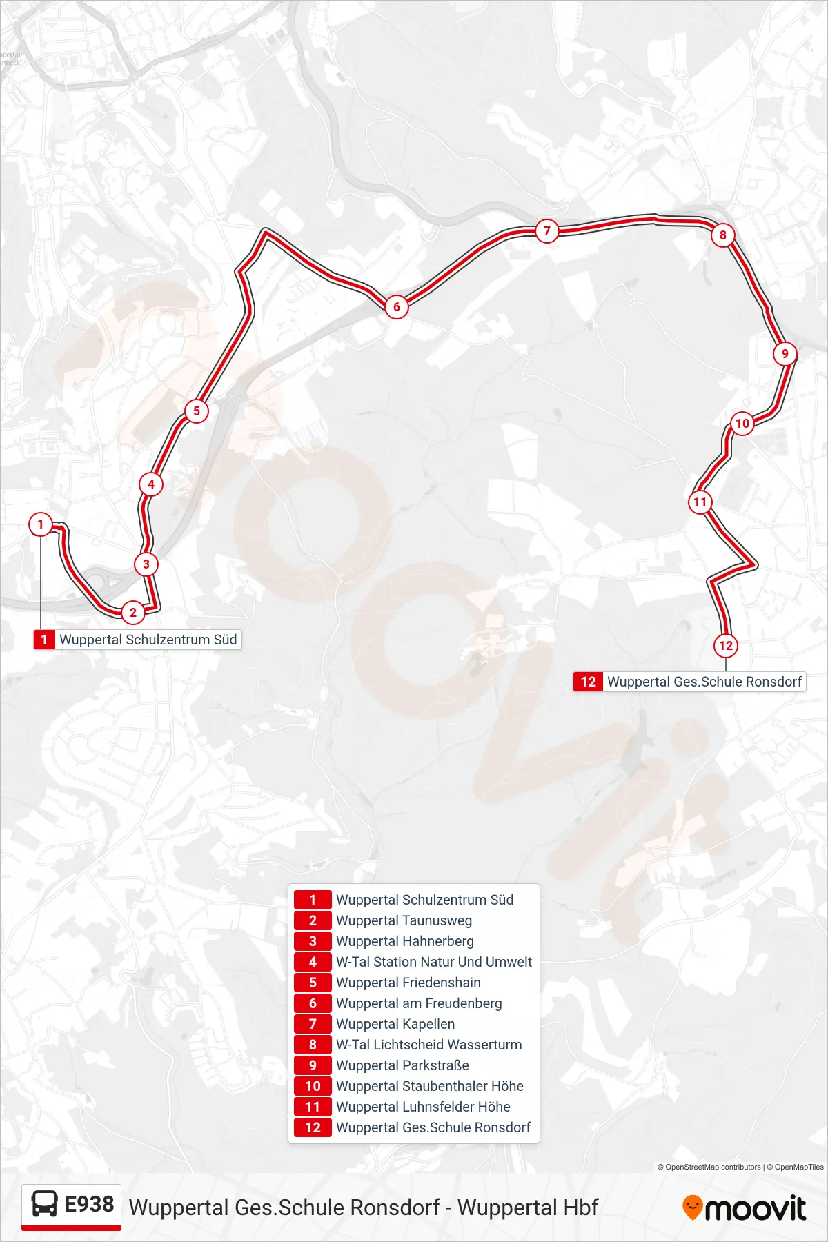 E938 bus Line (Wuppertal Ges.Schule Ronsdorf) route and stops on a map