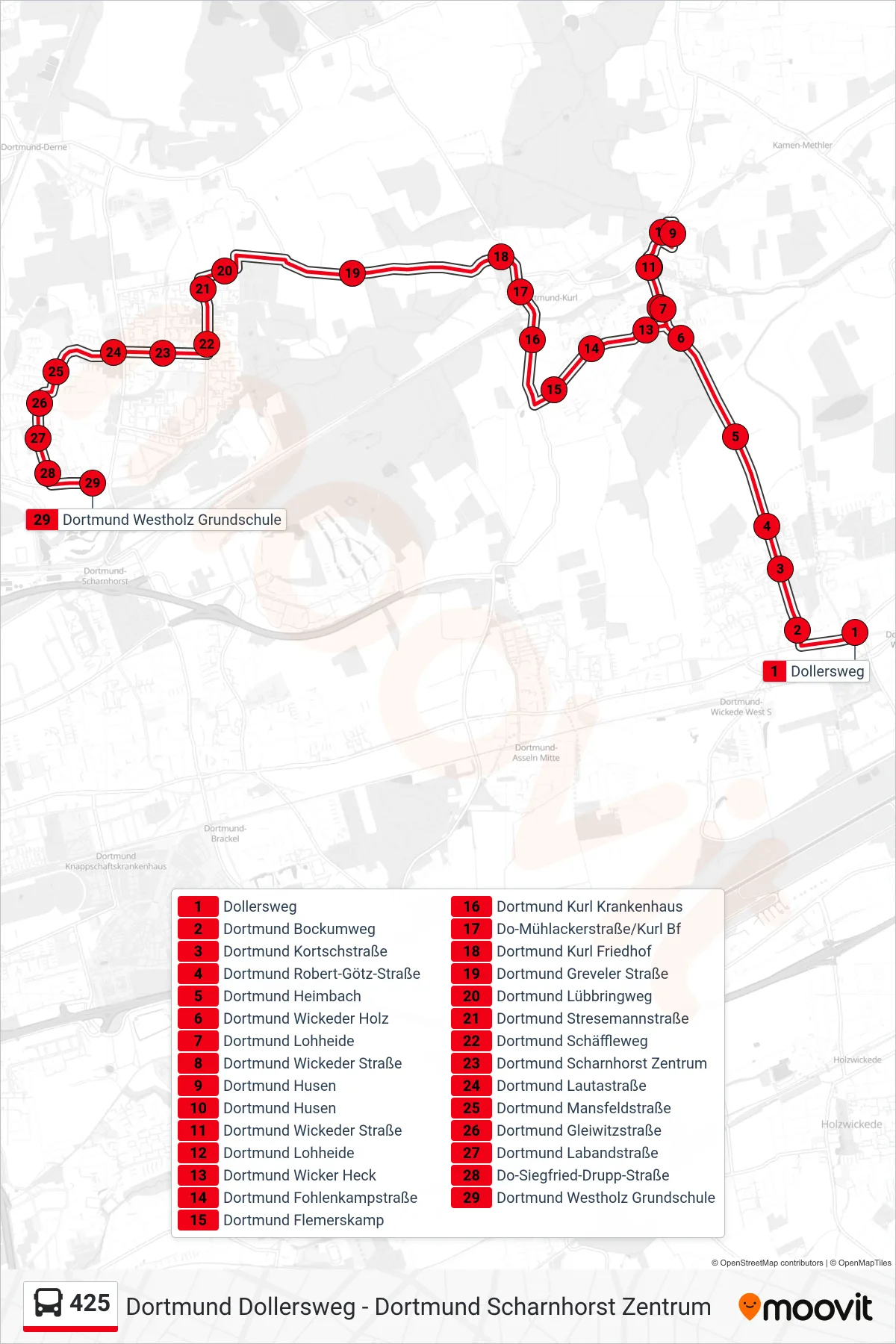 425 bus Line (Dortmund Westholz Grundschule) route and stops on a map
