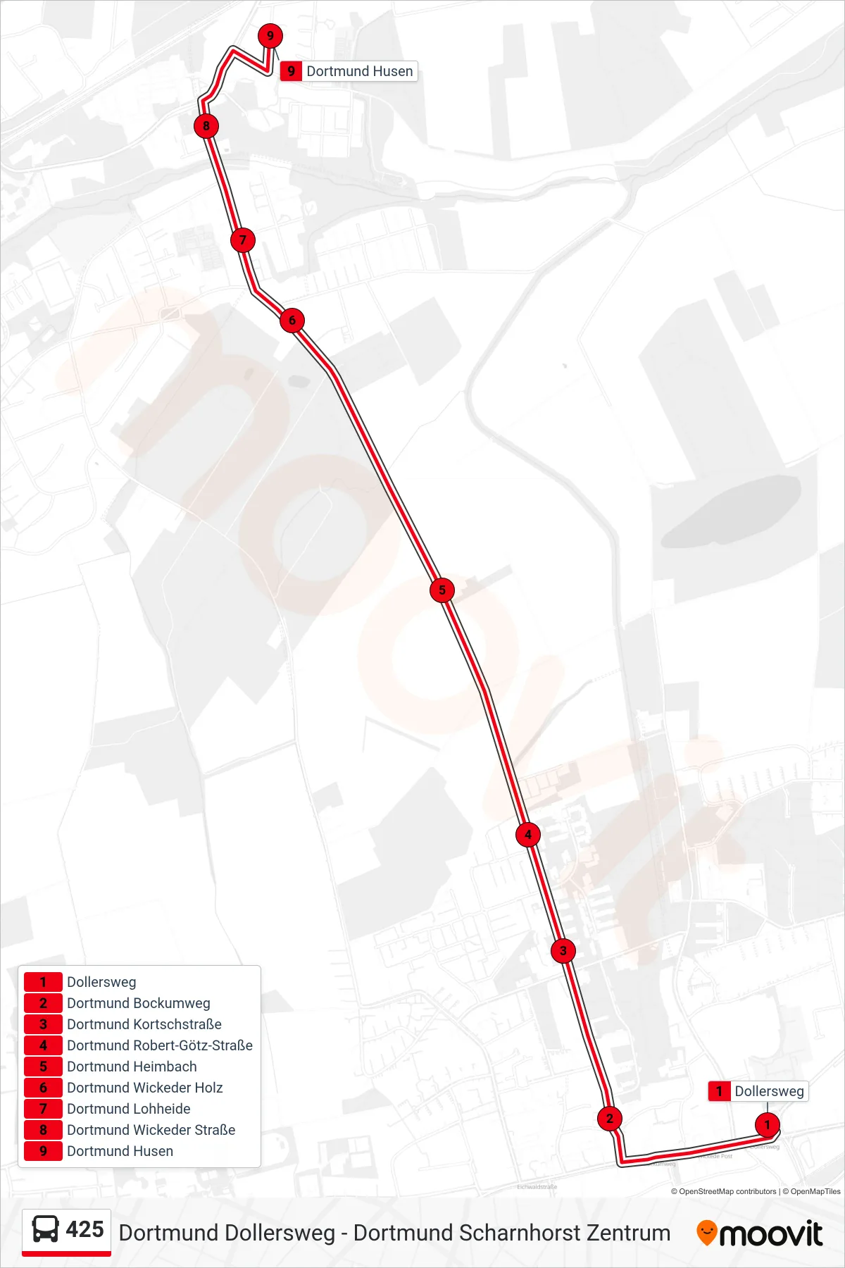 Linie 425 (Bus) Richtung Dortmund Husen: Route und Haltestellen auf der Karte