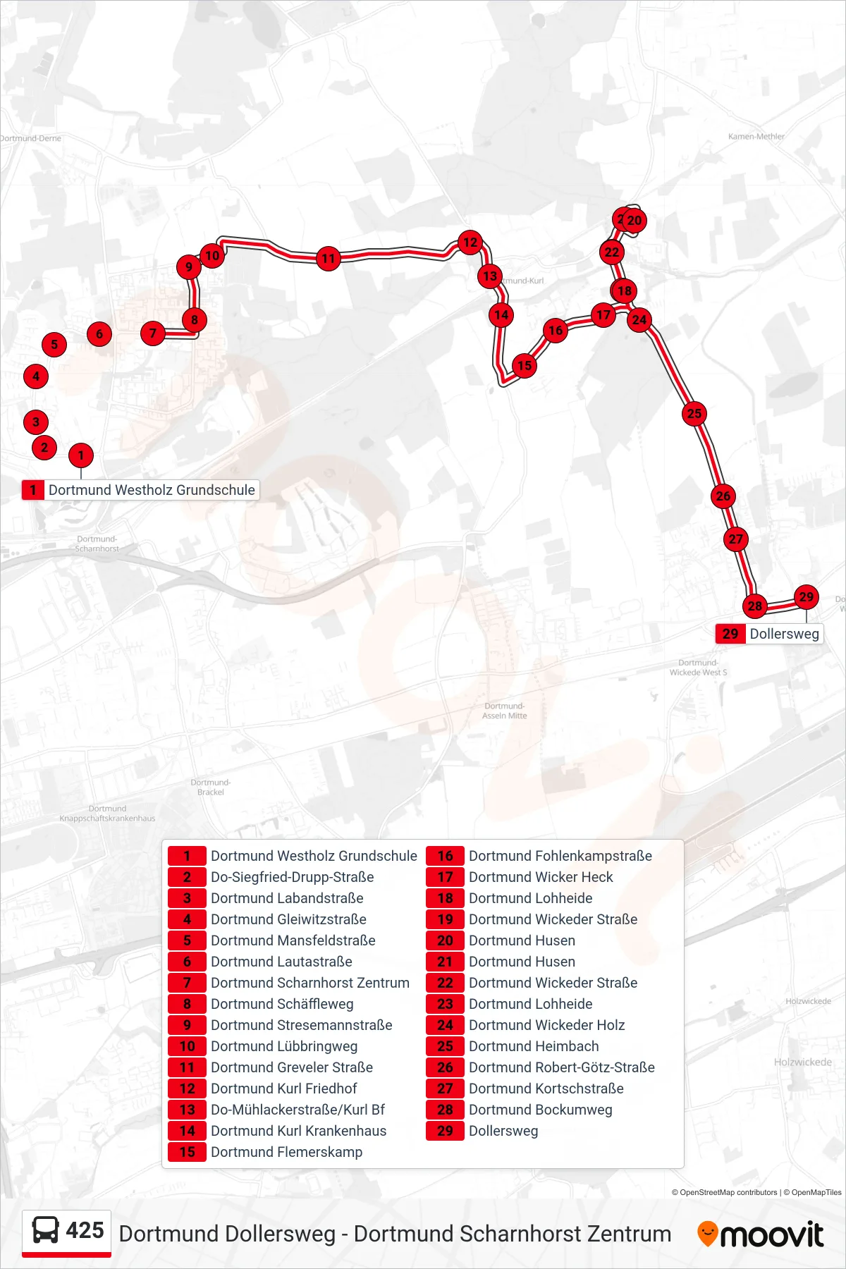 425 bus Line (Dortmund Dollersweg) route and stops on a map