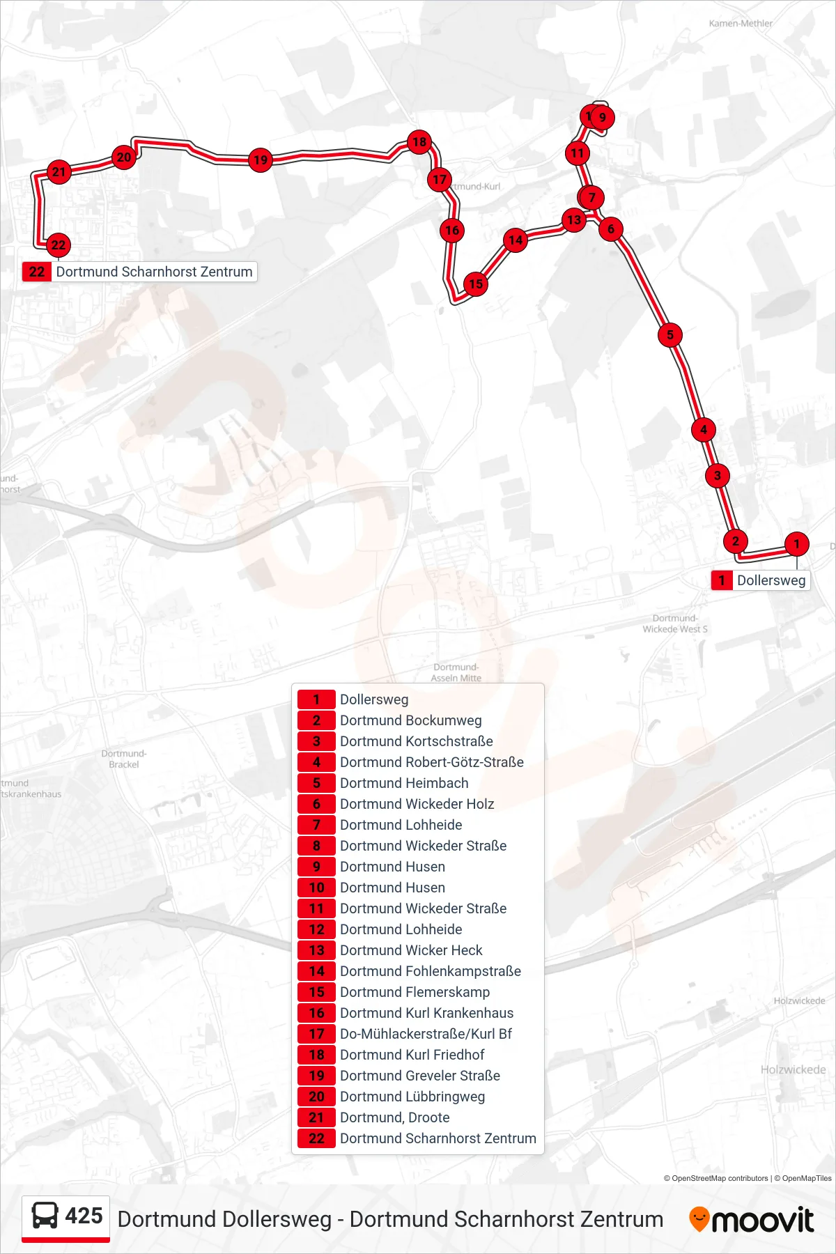 425 bus Line (Dortmund Scharnhorst Zentrum) route and stops on a map