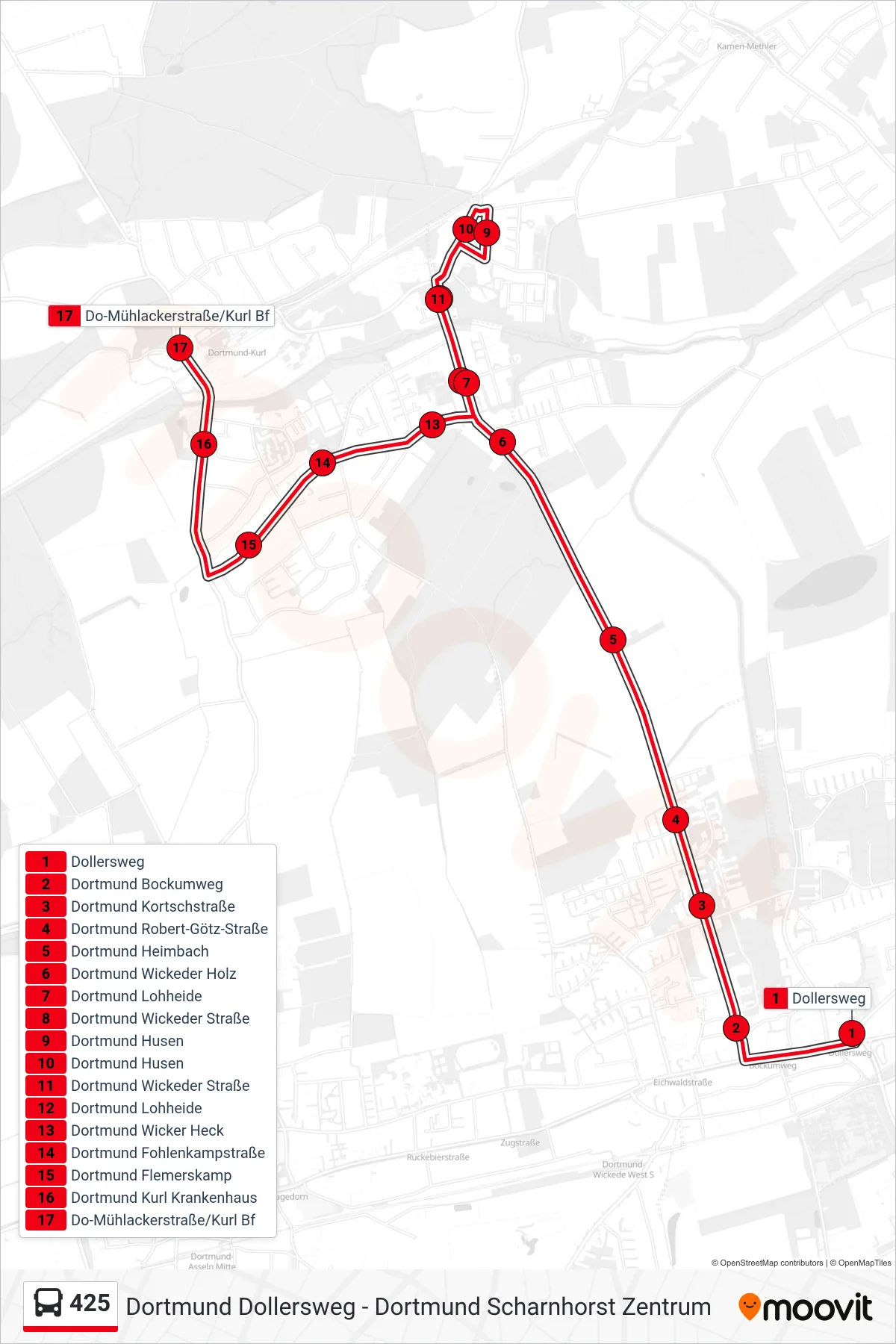 425 bus Line (Do-Mühlackerstraße/Kurl Bf) route and stops on a map