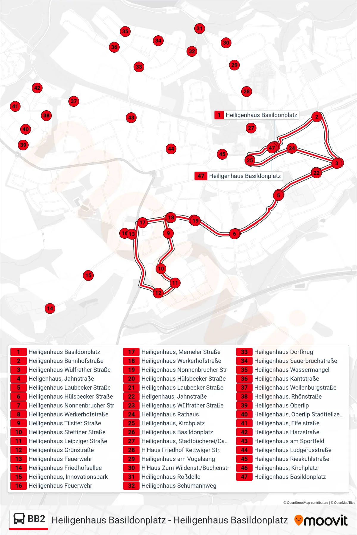 Linie BB2 (Bus) Richtung Heiligenhaus Basildonplatz: Route und Haltestellen auf der Karte