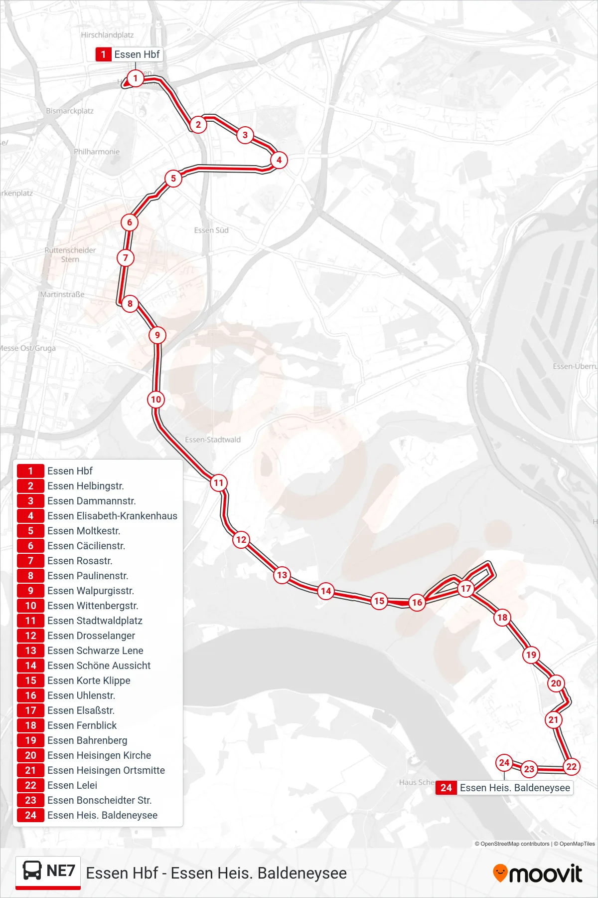 Linie NE7 (Bus) Richtung Essen Heis. Baldeneysee: Route und Haltestellen auf der Karte