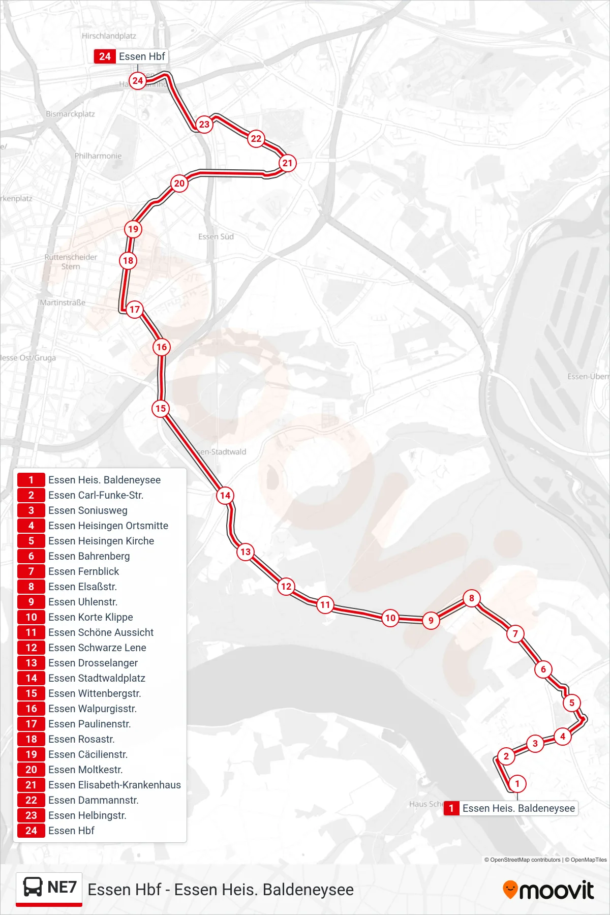 Linie NE7 (Bus) Richtung Essen Hbf: Route und Haltestellen auf der Karte
