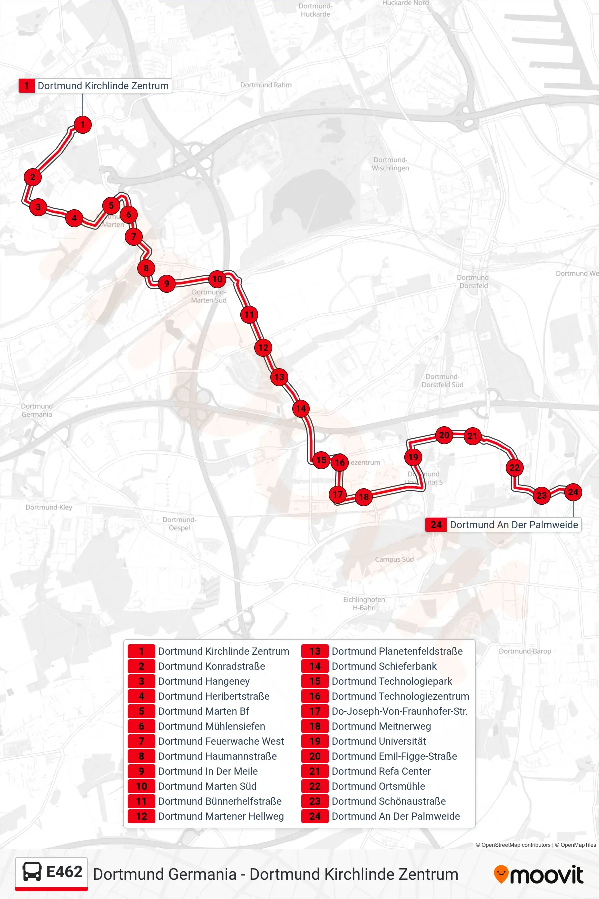 E462 bus Line (Dortmund An Der Palmweide) route and stops on a map