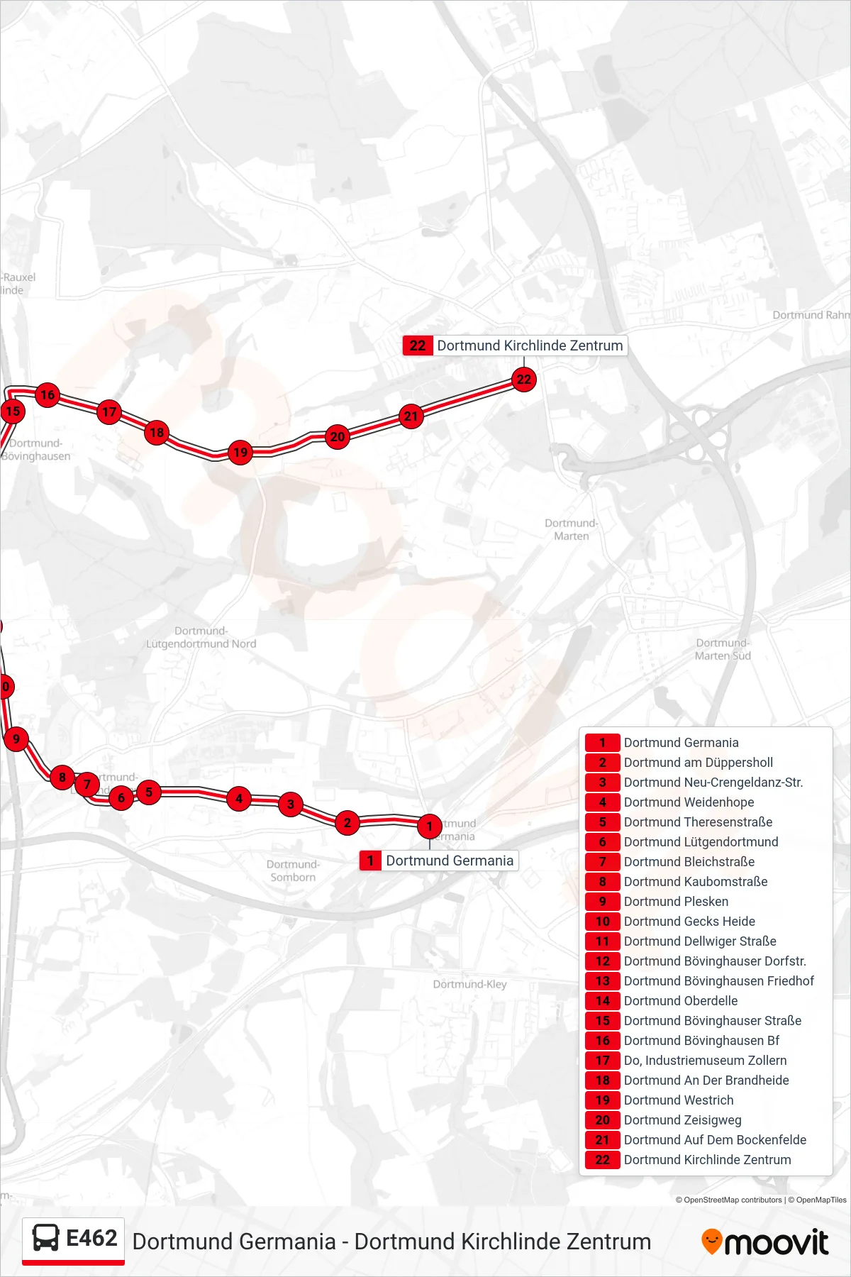 Linie E462 (Bus) Richtung Dortmund Kirchlinde Zentrum: Route und Haltestellen auf der Karte