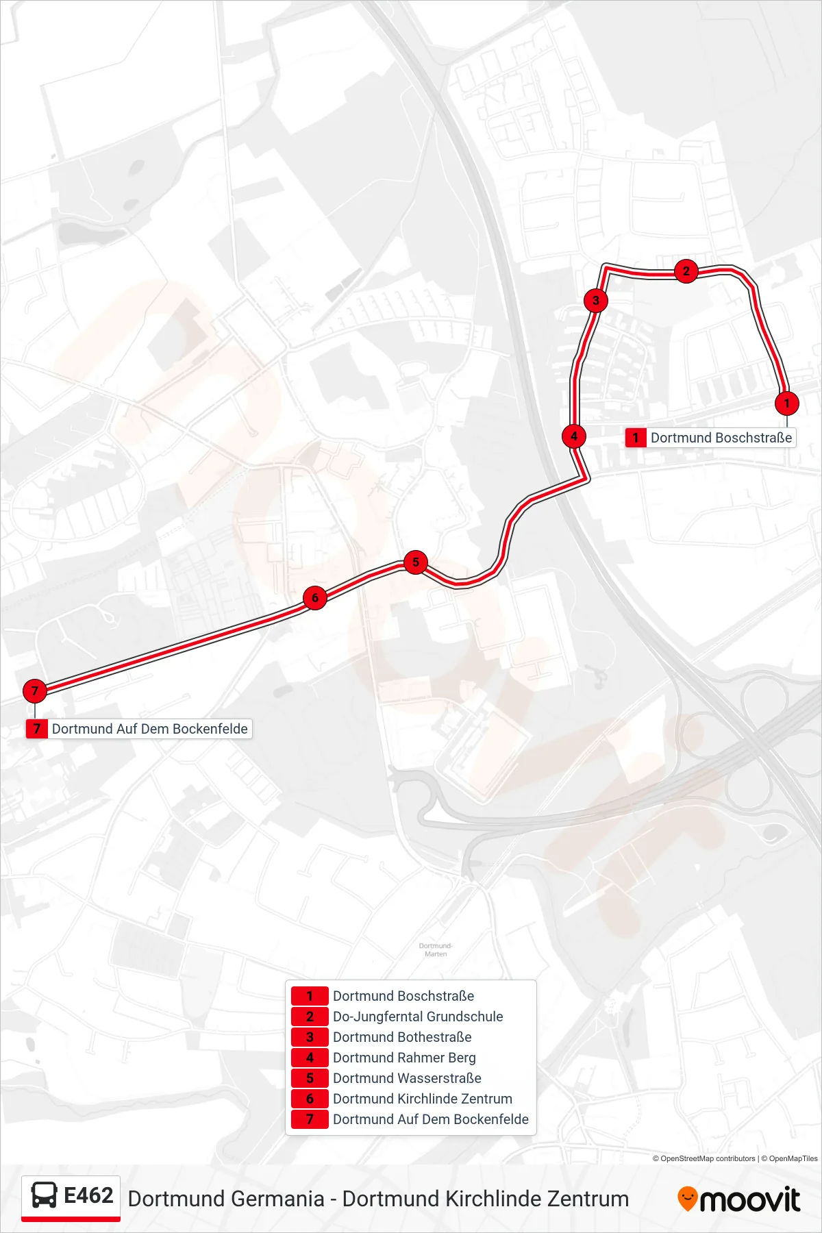 E462 bus Line (Dortmund Auf Dem Bockenfelde) route and stops on a map
