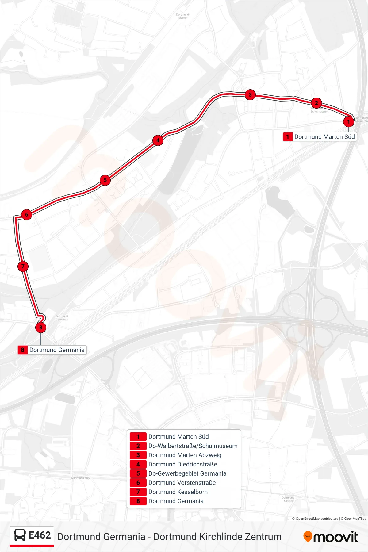E462 bus Line (Dortmund Germania) route and stops on a map
