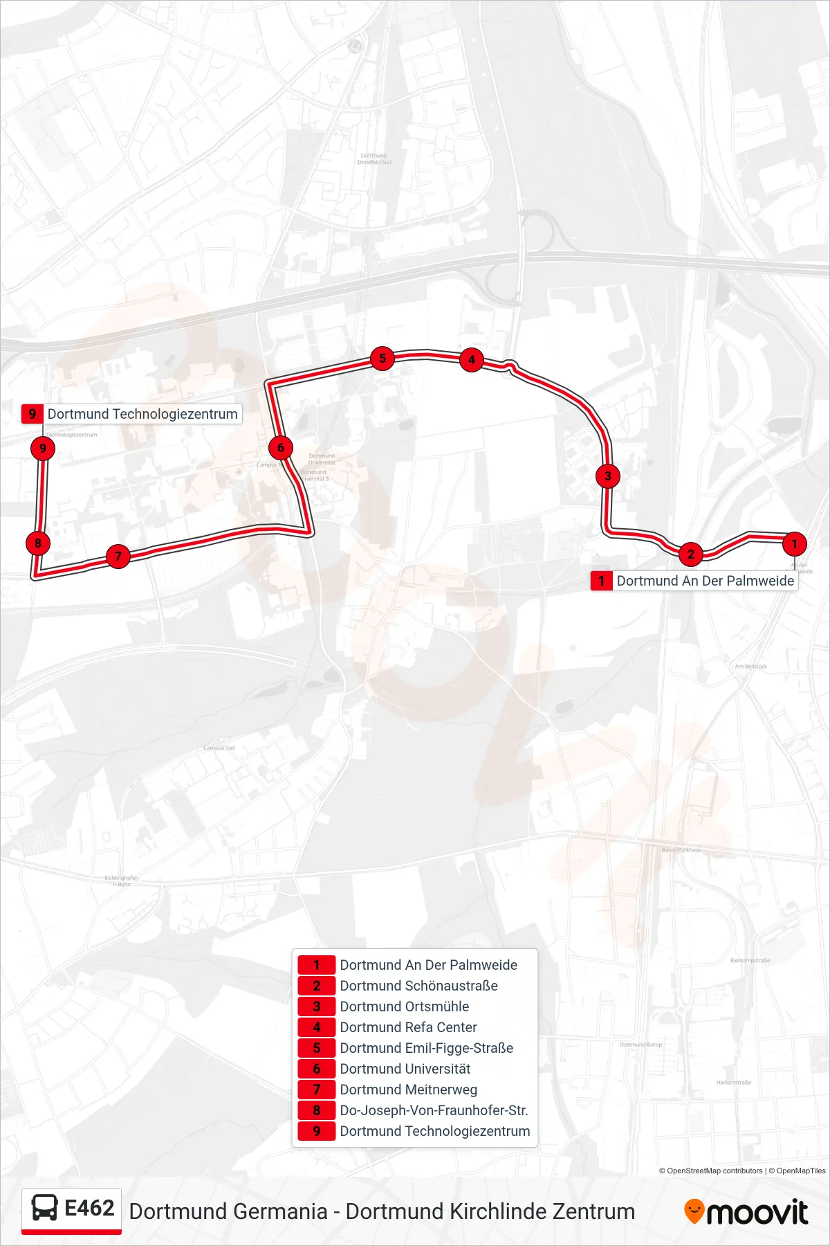 E462 bus Line (Dortmund Technologiezentrum) route and stops on a map