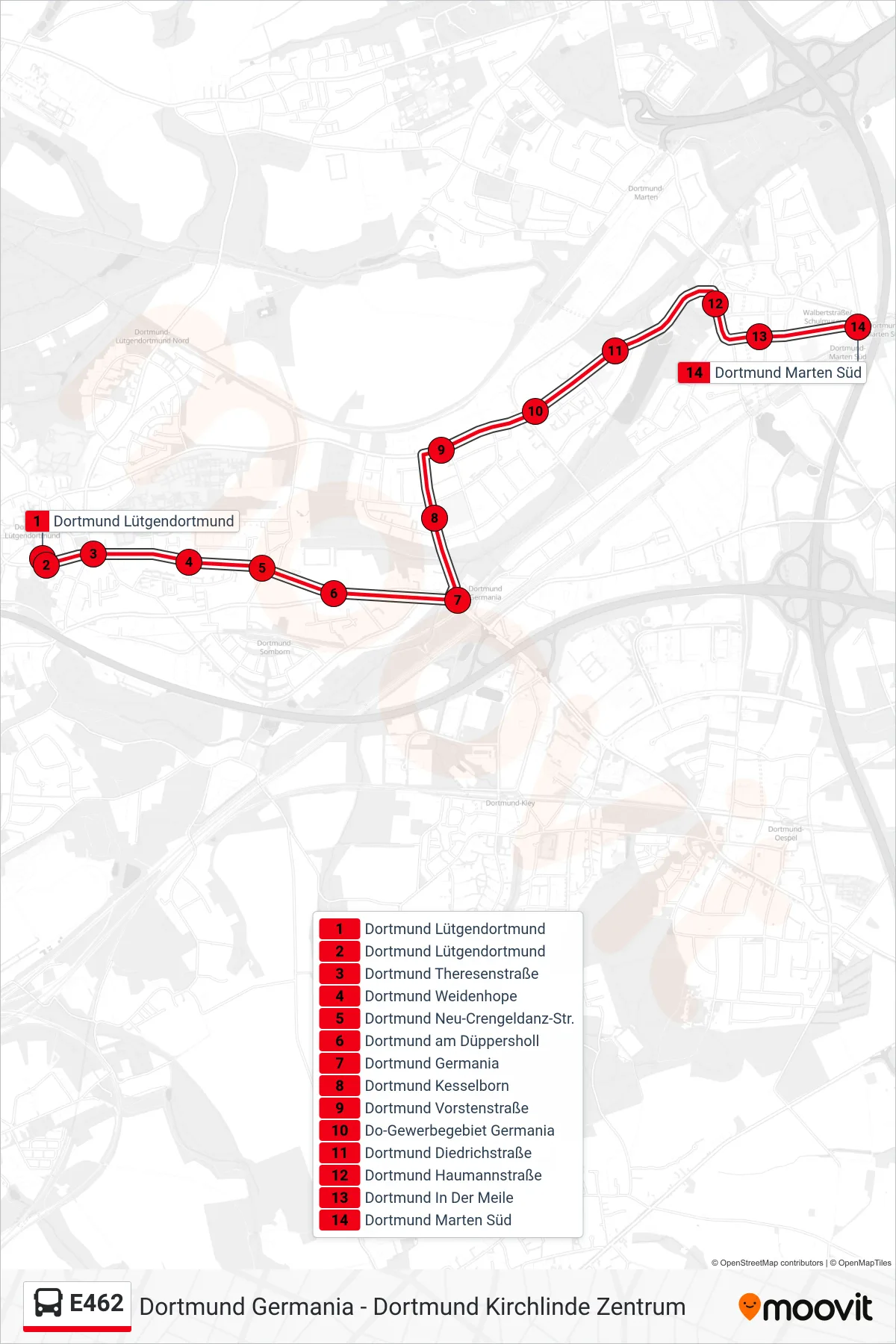 E462 bus Line (Dortmund Marten Süd) route and stops on a map