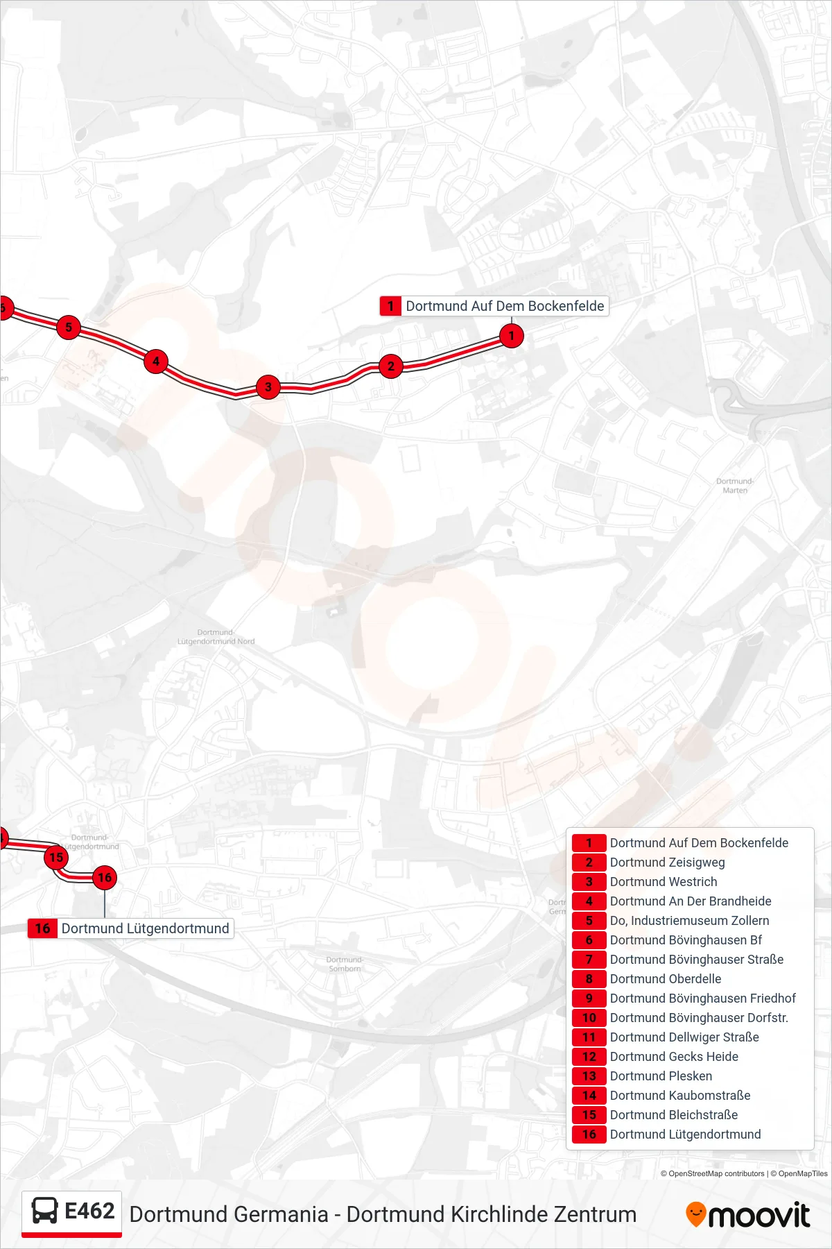E462 bus Line (Dortmund Lütgendortmund) route and stops on a map
