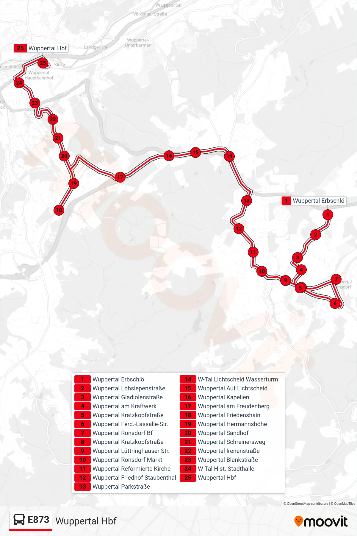 Linie E873 (Bus) Richtung Wuppertal Hbf: Route und Haltestellen auf der Karte