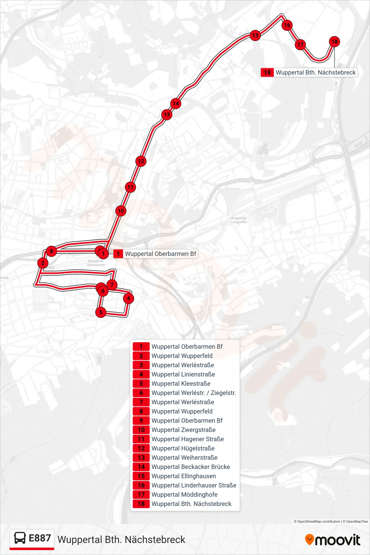 Linie E887 (Bus) Richtung Wuppertal Bth. Nächstebreck: Route und Haltestellen auf der Karte