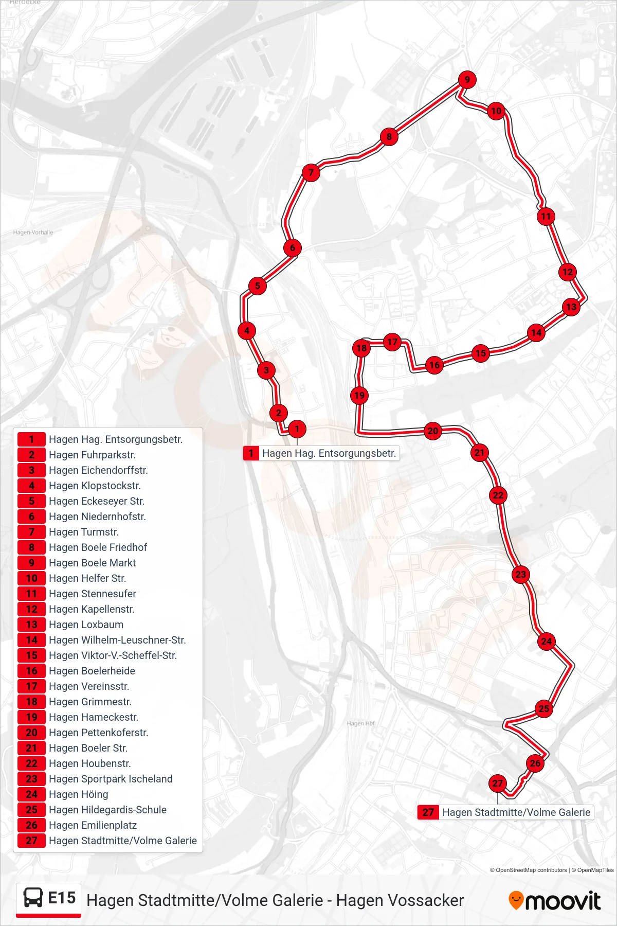 Linie E15 (Bus) Richtung Hagen Stadtmitte/Volme Galerie: Route und Haltestellen auf der Karte
