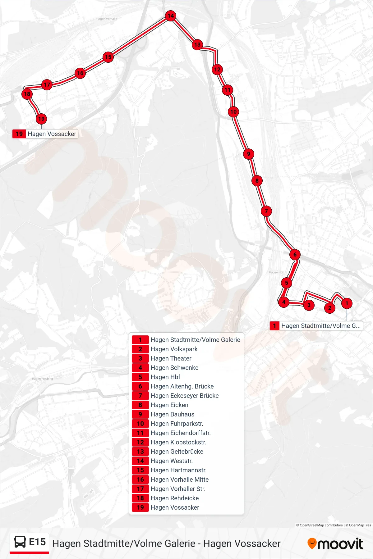 Linie E15 (Bus) Richtung Hagen Vossacker: Route und Haltestellen auf der Karte