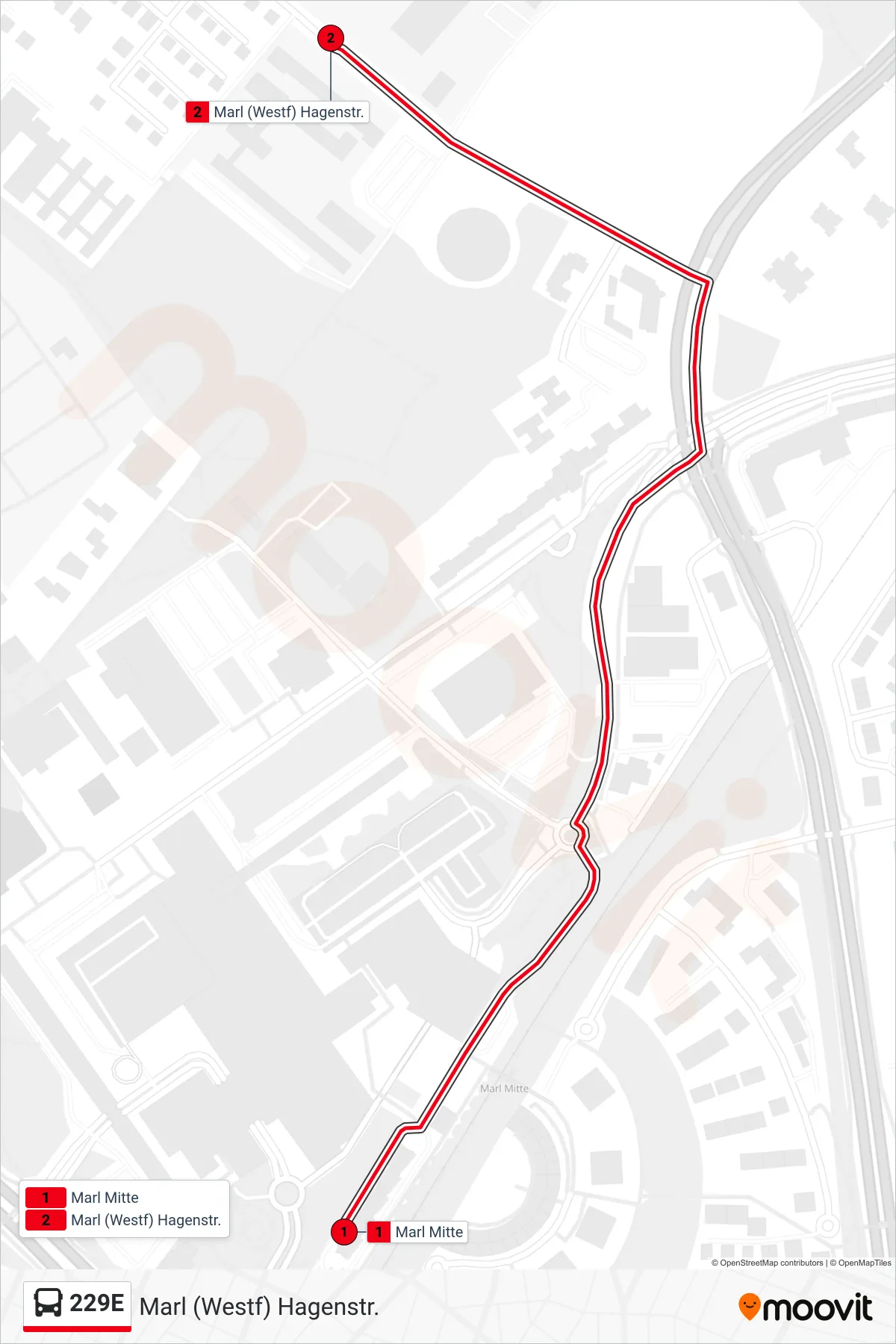 Linie 229E (Bus) Richtung Marl (Westf) Hagenstr.: Route und Haltestellen auf der Karte