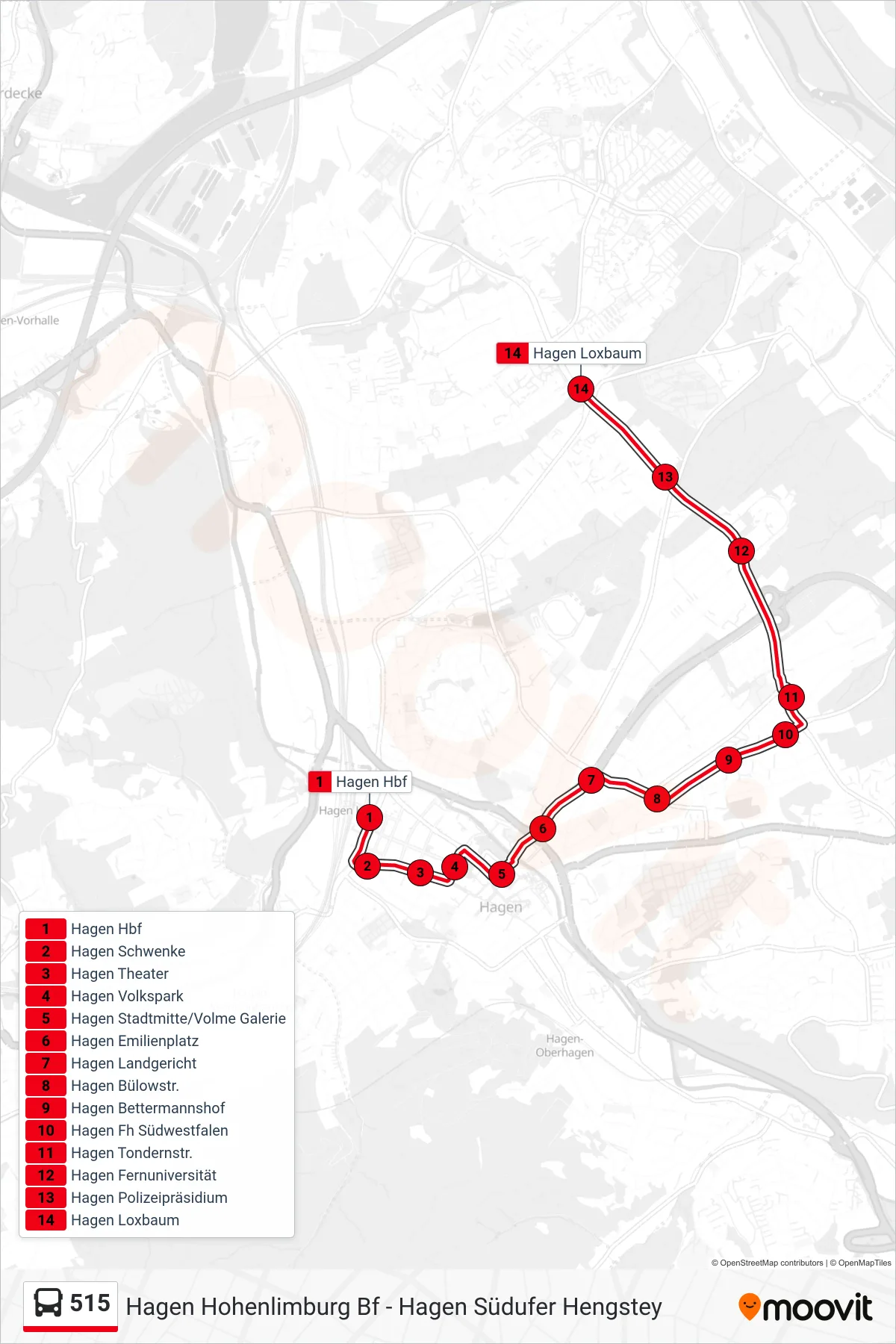 Linie 515 (Bus) Richtung Hagen Loxbaum: Route und Haltestellen auf der Karte