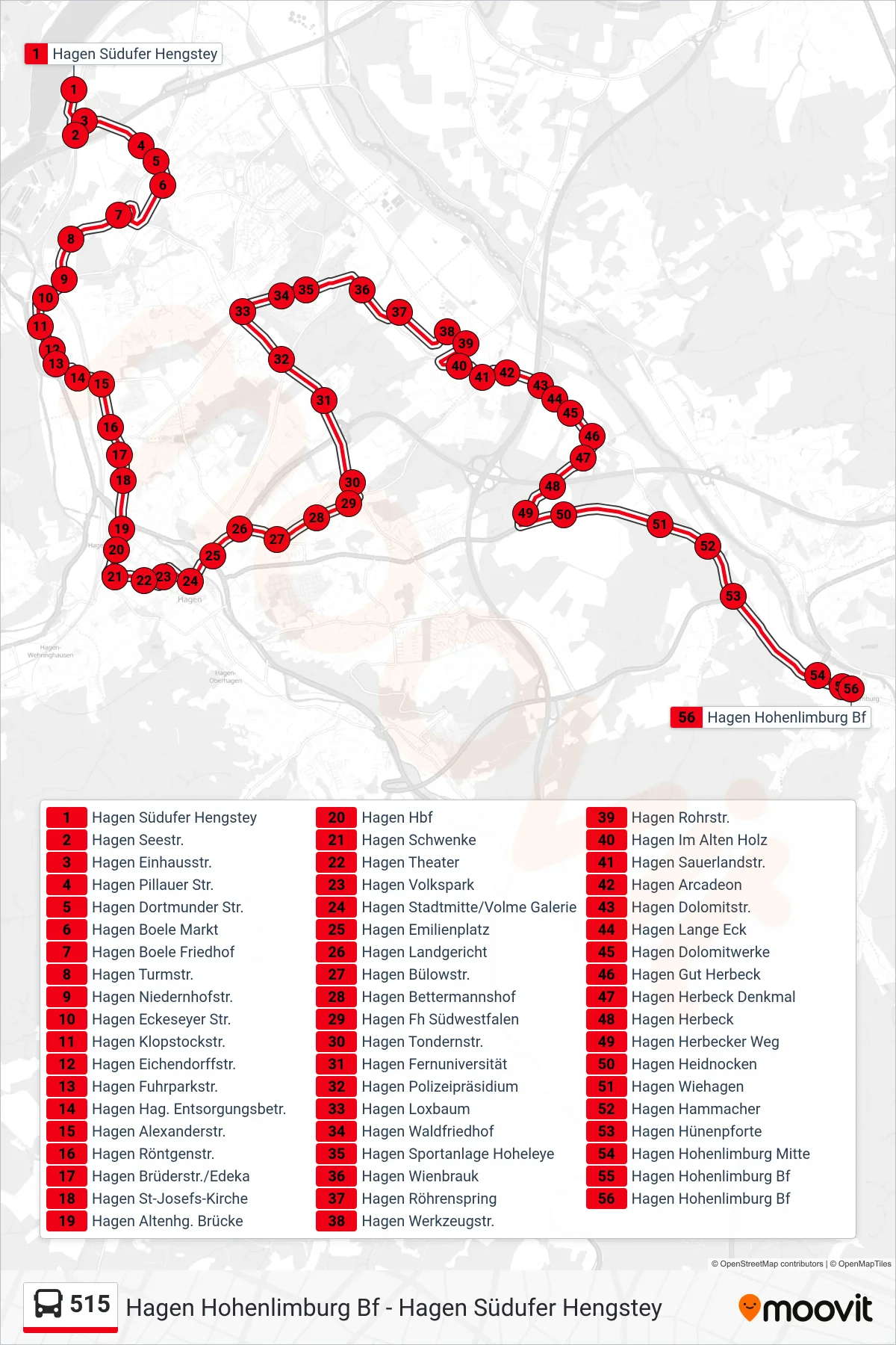 515 bus Line (Hagen Hohenlimburg Bf) route and stops on a map